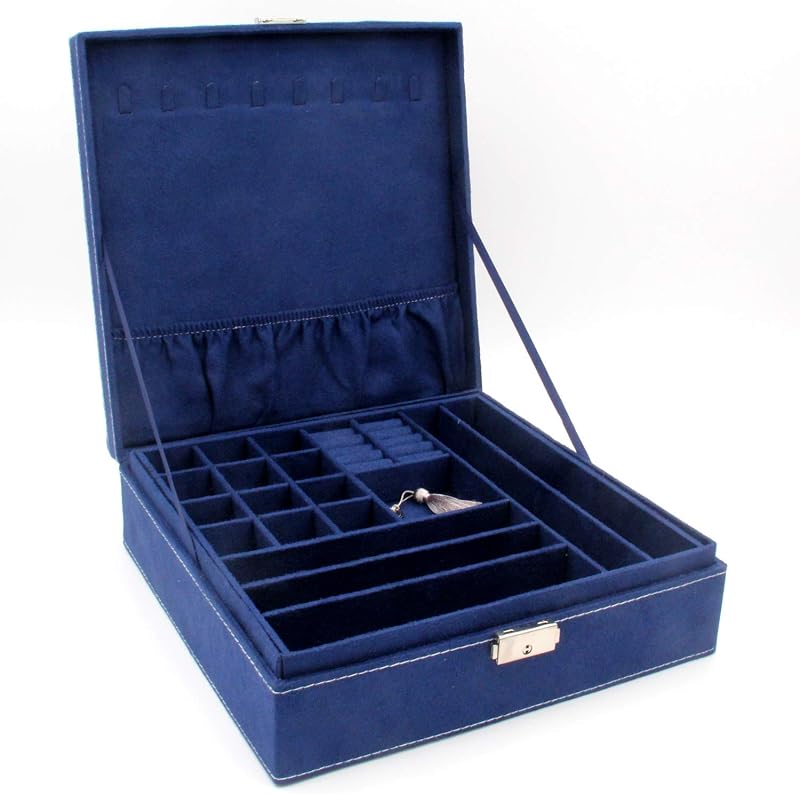 Caja organizadora de joyería de dos capas, estuche de almacenamiento con cerradura (azul profundo)