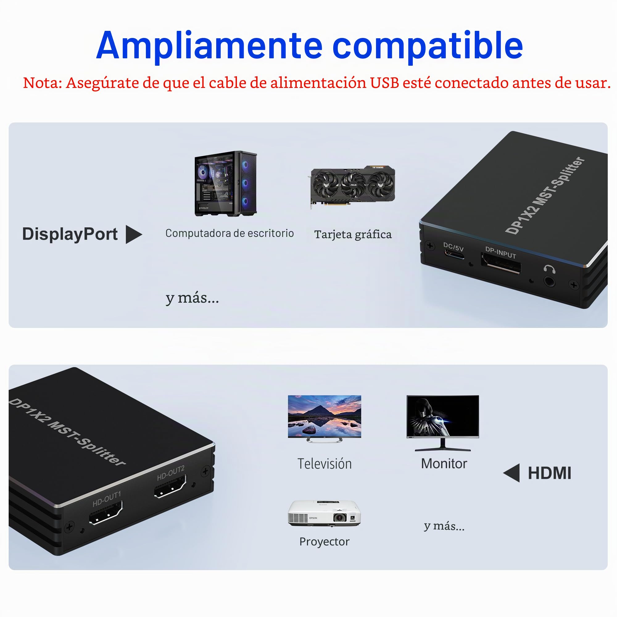 Adaptador DisplayPort a HDMI Dual - Divisor DP para Monitores Duales 4K @60Hz con Pantalla Extendida MST 1 en 2 Salidas Hub para PC, Tarjeta Gráfica y Más