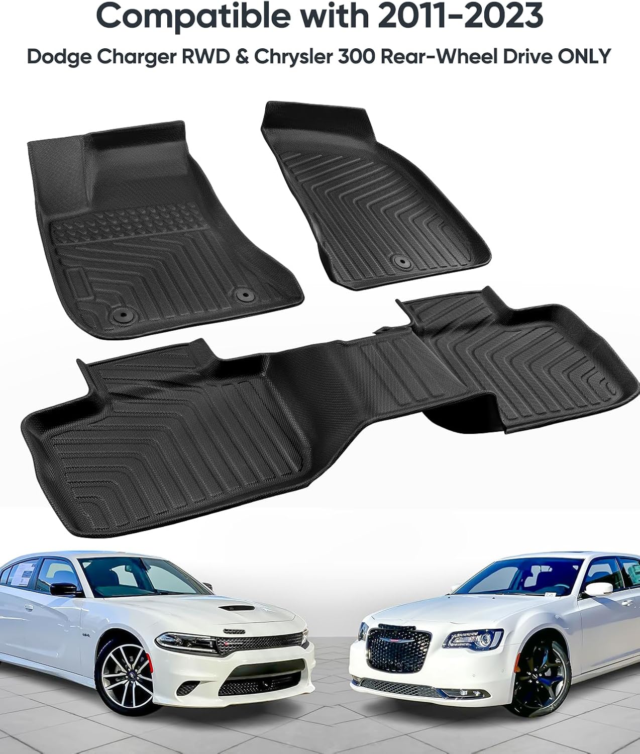Car Floor Mat for Dodge Charger: All Weather Liner Custom Fit Chrysler 300 RWD 2011 2012 2013 2014 2015 2016 2017 2018 2019 2020 2021 2022 2023 RT Scat Pack SXT GT SRT Front Rear Full Set Accessories - Image 5