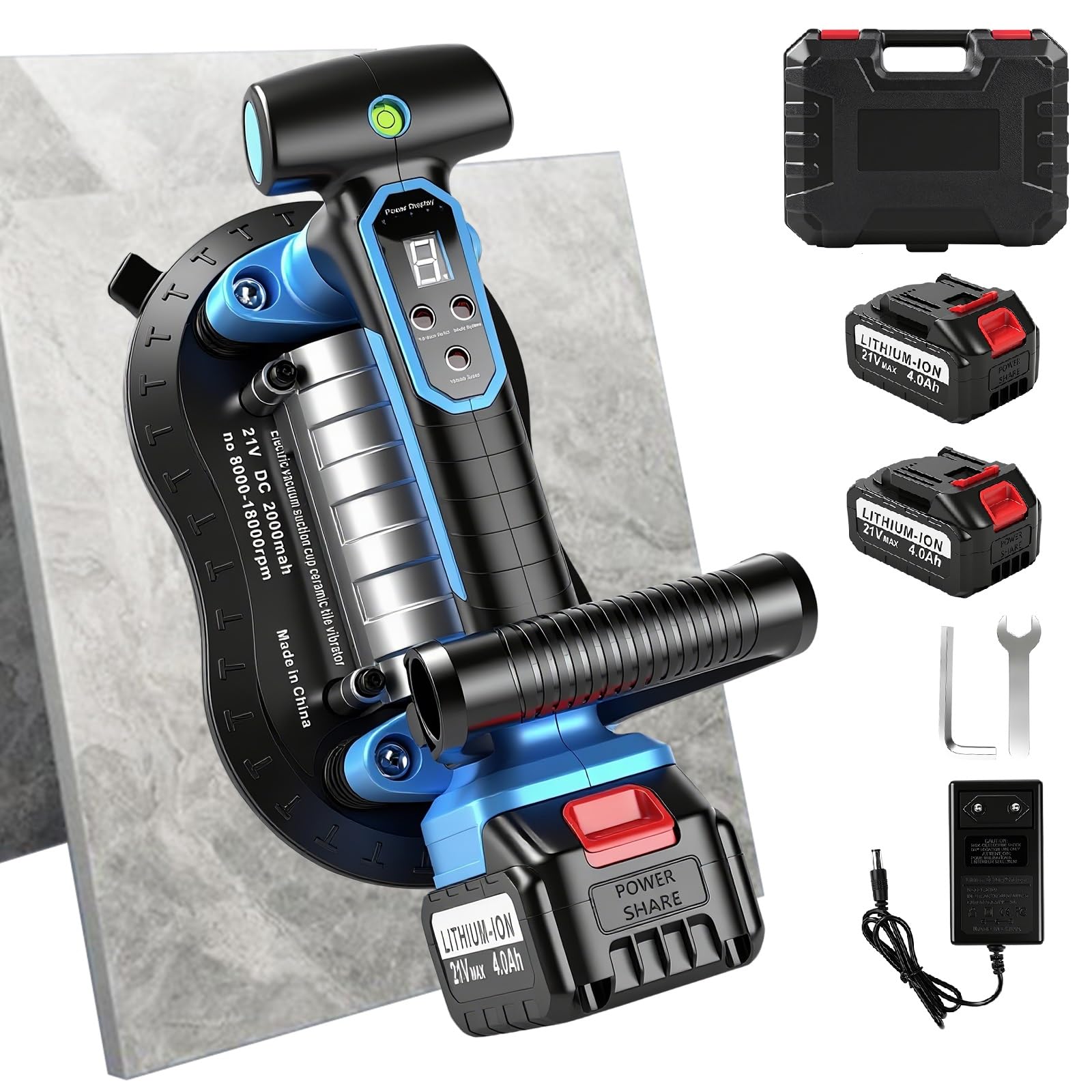 Ventosa Eléctrica para Azulejos, Cargas 200KG, Baterías 2x4000mAh, Pantalla LCD, 9 Velocidades, Vibrador Azulejos para Levantar Cristales, Mármol, Cerámica y Vidrio