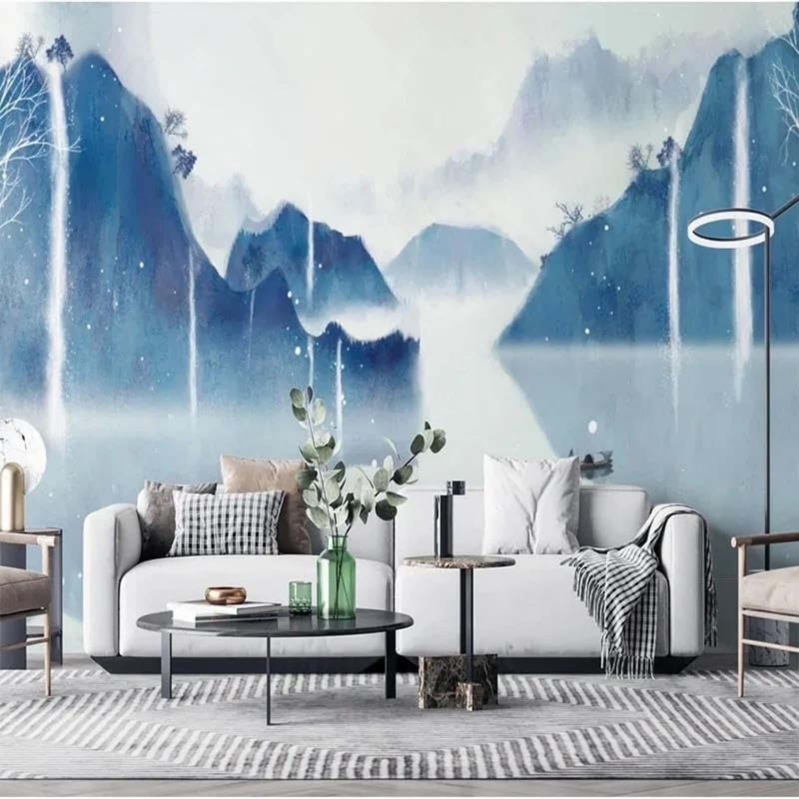 Papier peint 3D montagne bleu lac : canapé salon décoration murale tv 430x300cm