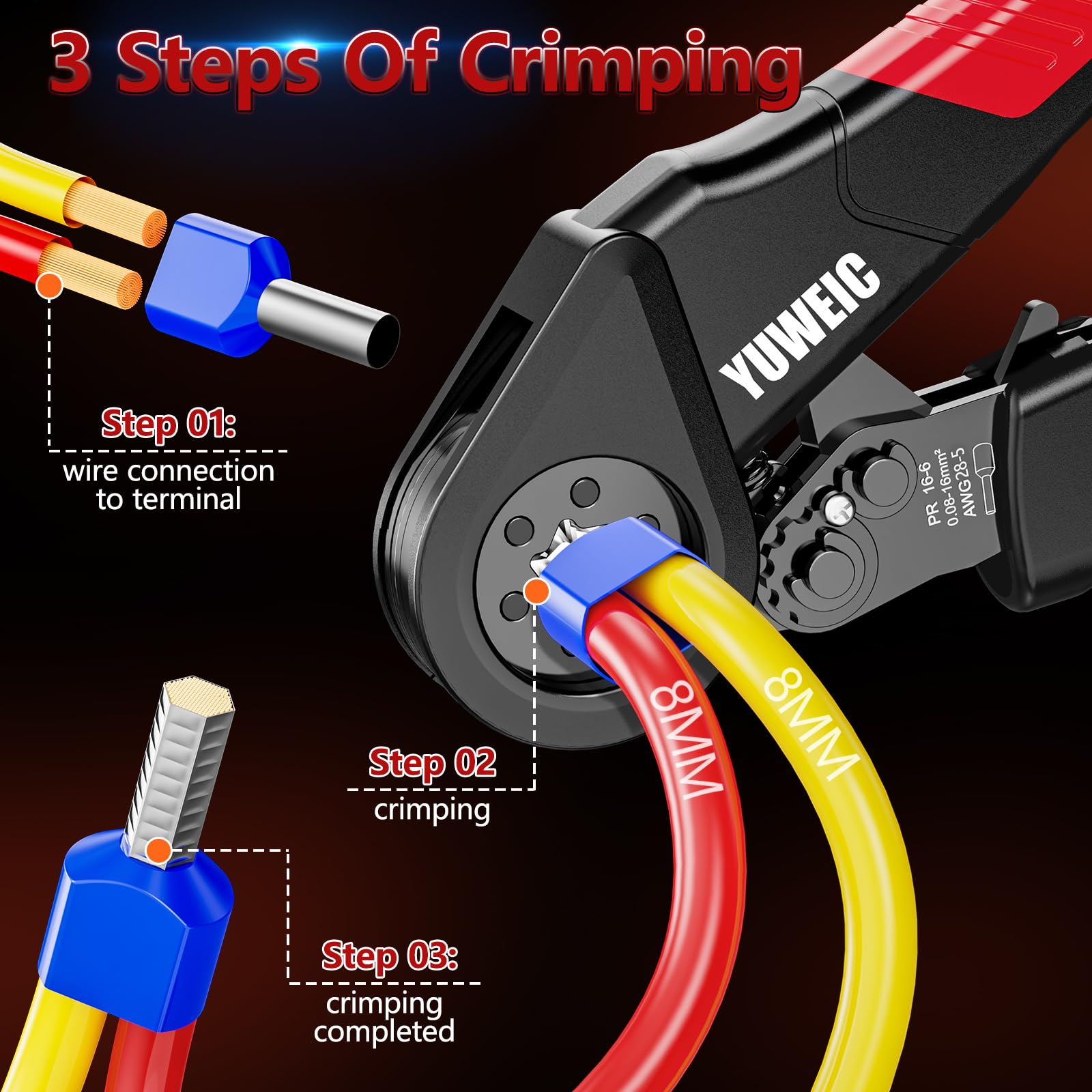 Hex-Crimpzange – Ratschen-Werkzeug für isolierte & nicht isolierte Kabel, 28–6 AWG (0,08–16 mm²), ergonomischer selbstjustierender Griff, inklusive 950 Einzel- und 350 Doppelkabelschuhe
