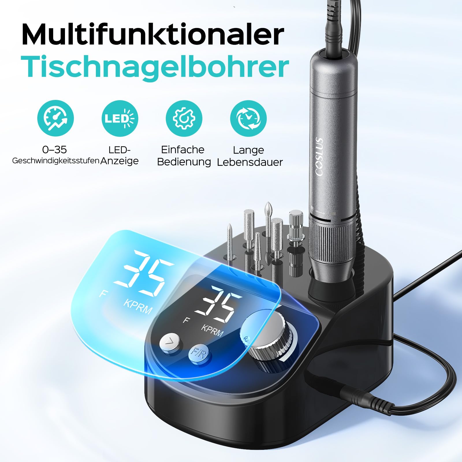 COSLUS E50 Nagelfräser Professionell Set 35000 U/min: Nagelfräser für Gelnägel Elektrische Nagelfeile Maniküre Pediküre Set mit LCD-Anzeige，6 Bits & 31 Schleifbändern für Salon und Zuhause