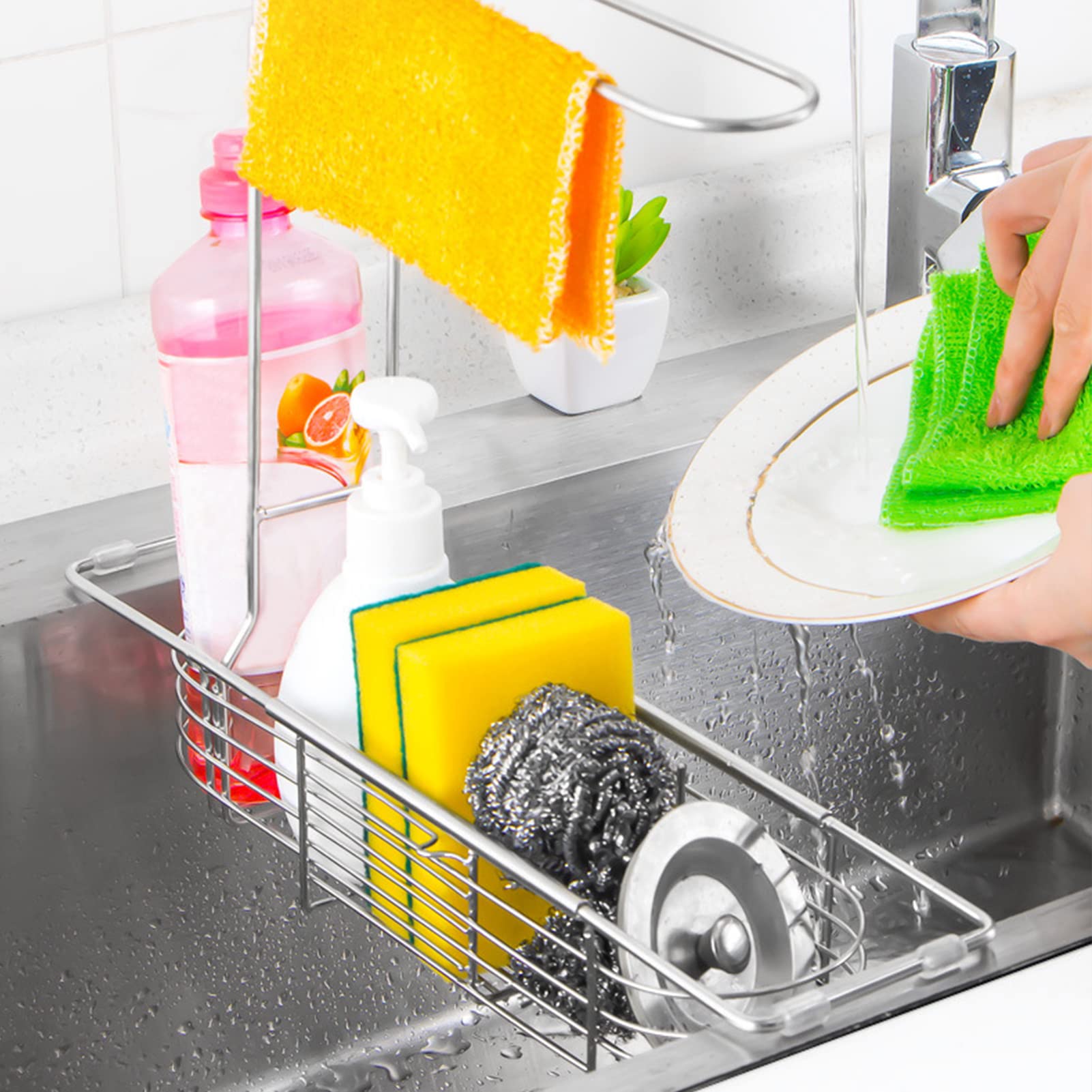 Organizer telescopico per lavello da cucina in acciaio inox, con porta utensili per la pulizia e spugna di sapone, gancio per strofinacci per bagno e cucina