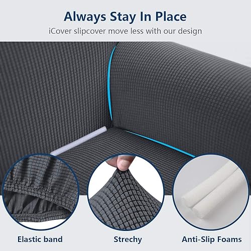 Miniatura 8 de iCOVER - Funda de sofá de una pieza de alta elasticidad, lavable a máquina, tela jacquard de elastano, parte inferior elástica antideslizante, fácil