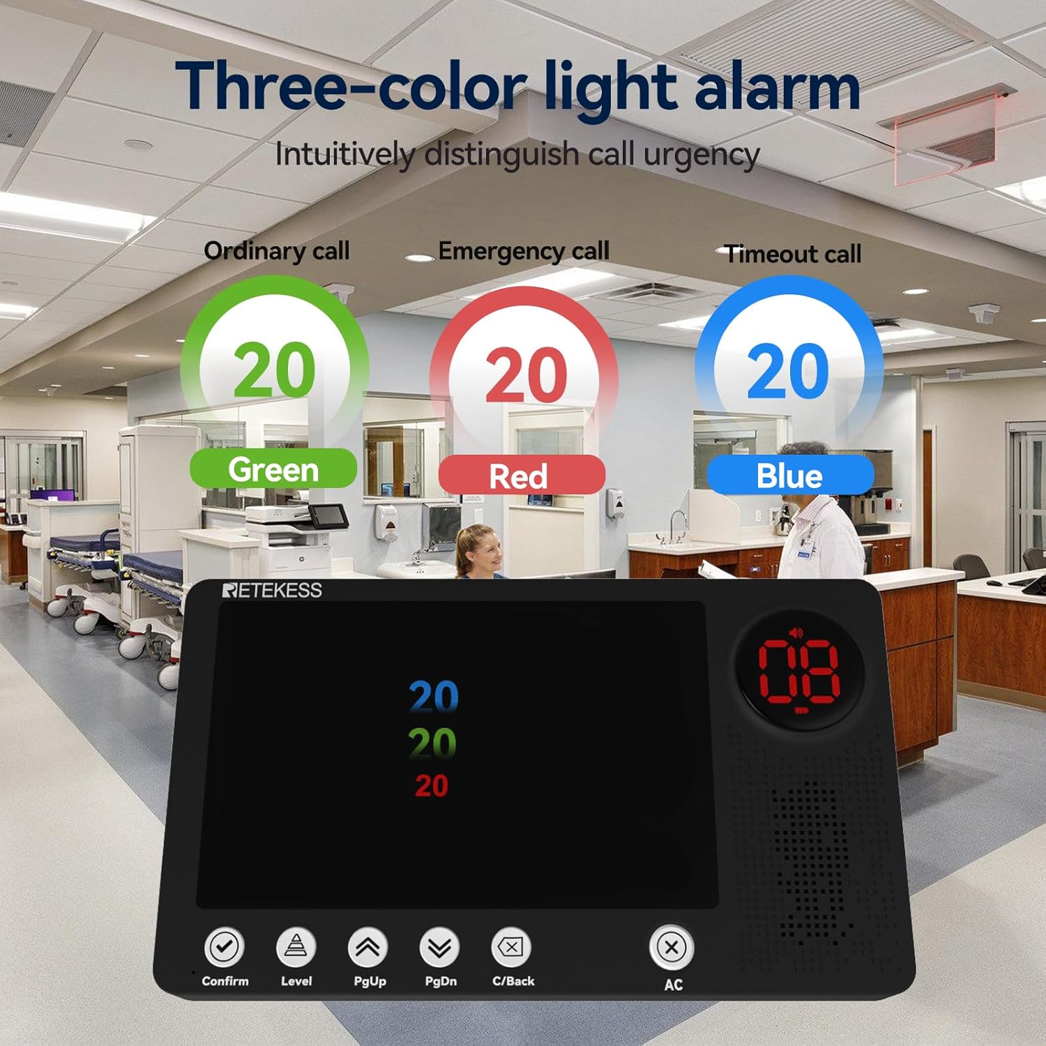 Retekess TH107 Wireless Caregiver Pager, Nurse Call System, Delete Call, Timeout Alert, 10 Caregiver Call Buttons for Clinic,Medical Center,Hospital,Nursing Home