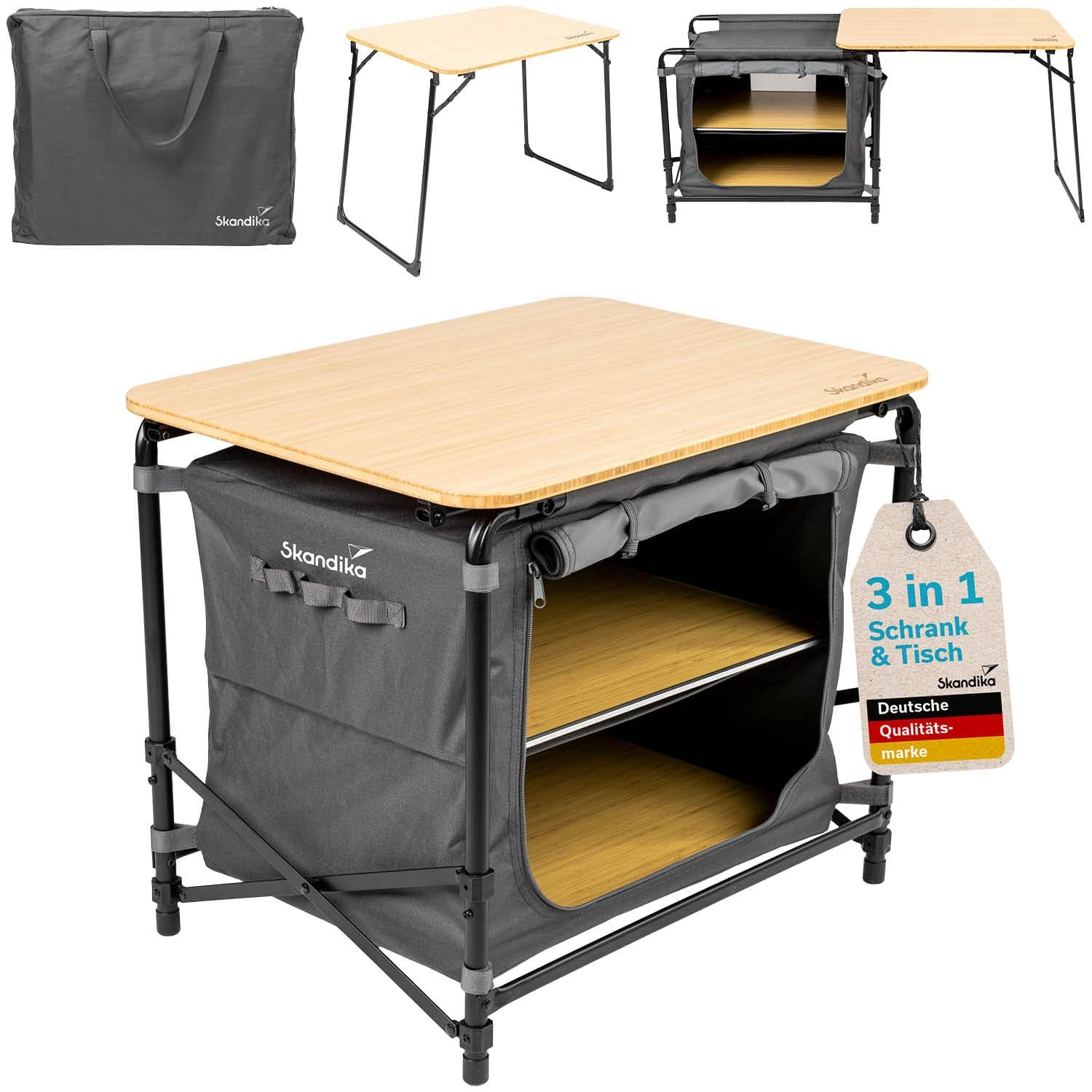Skandika Campingschrank Skogard | 3-in-1 Design, Bambus Arbeitspatte, Outdoor Schrank faltbar, 2 Einlegeböden, Tragetasche | Klapptisch kompakt, Campingküche, Outdoor Küche, Camping Zubehör, Zelt
