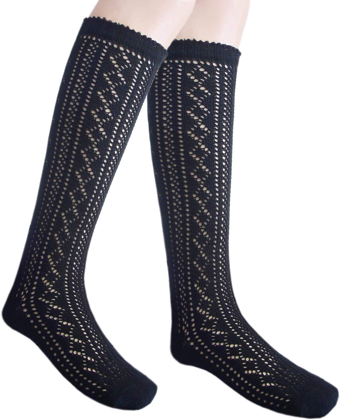 3-14 years girls cotton Pointelle knee high socks_Size S_3 pairs black