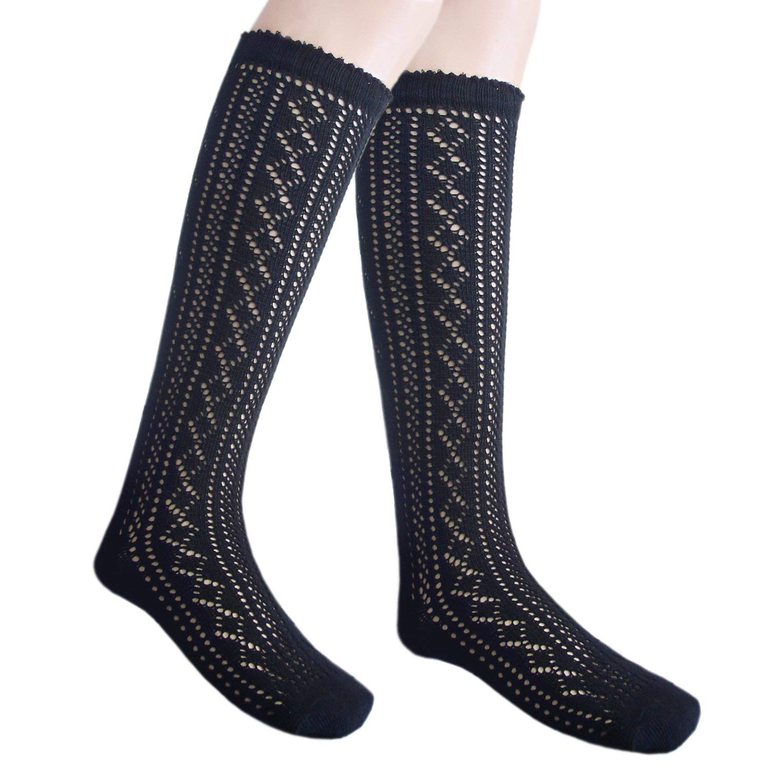 3-14 years girls cotton Pointelle knee high socks_Size S_3 pairs black