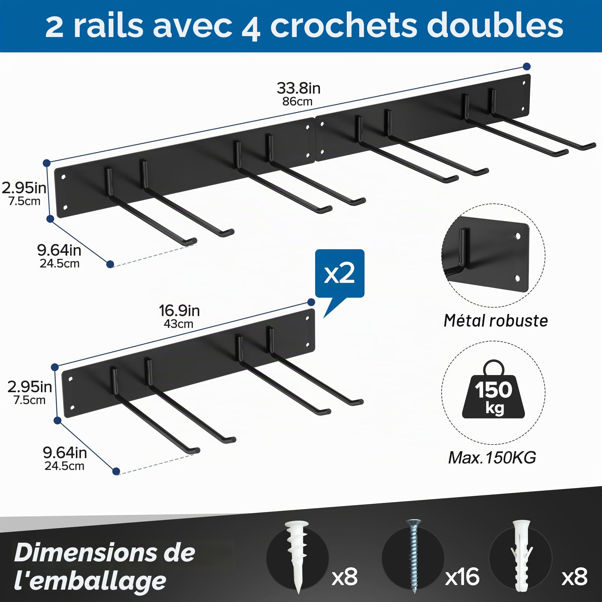 Urban Deco Support mural en métal pour Outillage de Jardin, capacité de charge de 150 kg, avec 4 crochets doubles et 2 panneaux, pour outils de jardin dans le garage, le jardin, la cave, noir