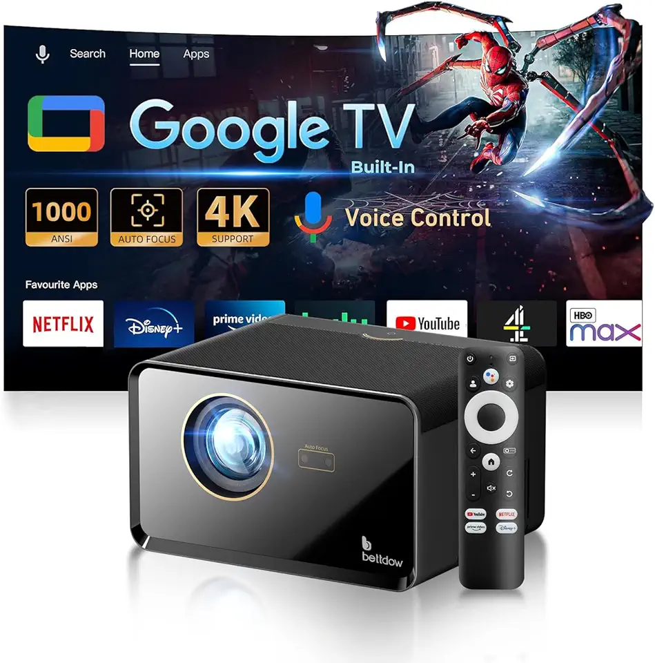 Bettdow Projetor 4k 1000 ANSI Full Hd 1080p, Sistema Google Tvintegrado, Netflix oficialmente licenciado, Retroprojetor Portatil WiFi 6 BT 5.0 AC1080 Bivolt Foco Automatico eKeystone Vertical de ±30°