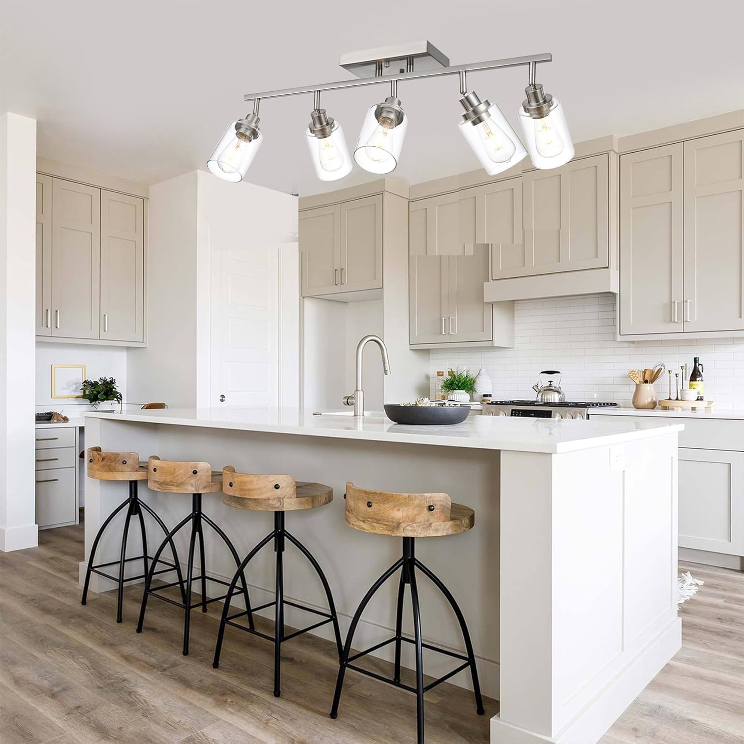 5 Light Multi-Directional Track Lighting Kit Brushed Nickel Kitchen Track Lighting Fixtures Ceiling Vanity Light Fixture with Clear Glass, Modern Rotatable E26 Spotlight for Kitchen Bathroom Hallway