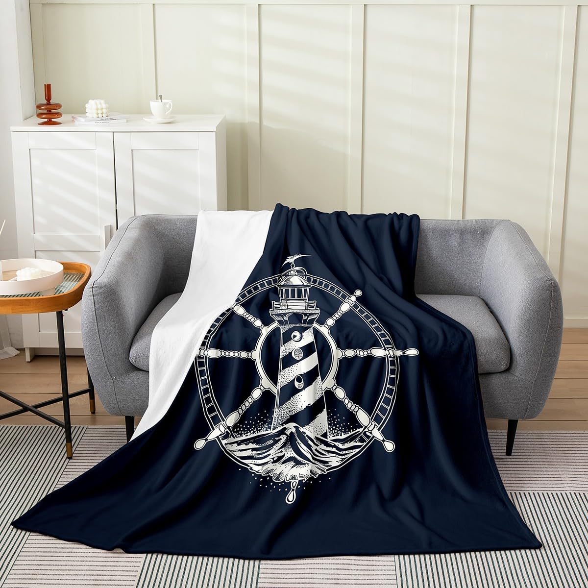 Feelyou Nautical All Season,Bed Blanket Lighthouse Rudder Pattern Plush Throw Blanket, for Sofa Couch Kids Room Decor Ocean Themed Flannel Fleece