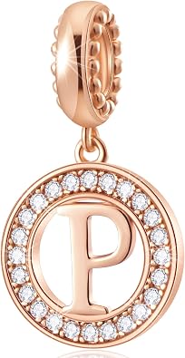 CHAWIN Initial A-Z Letter Charm Bead, Alphabet Charms Rose Gold, Authentic 925 Sterling Silver Charms fit Pandora Charm Bracelets, Necklace, Circle Dangle Charm for Women, Sparkling Clear Stone