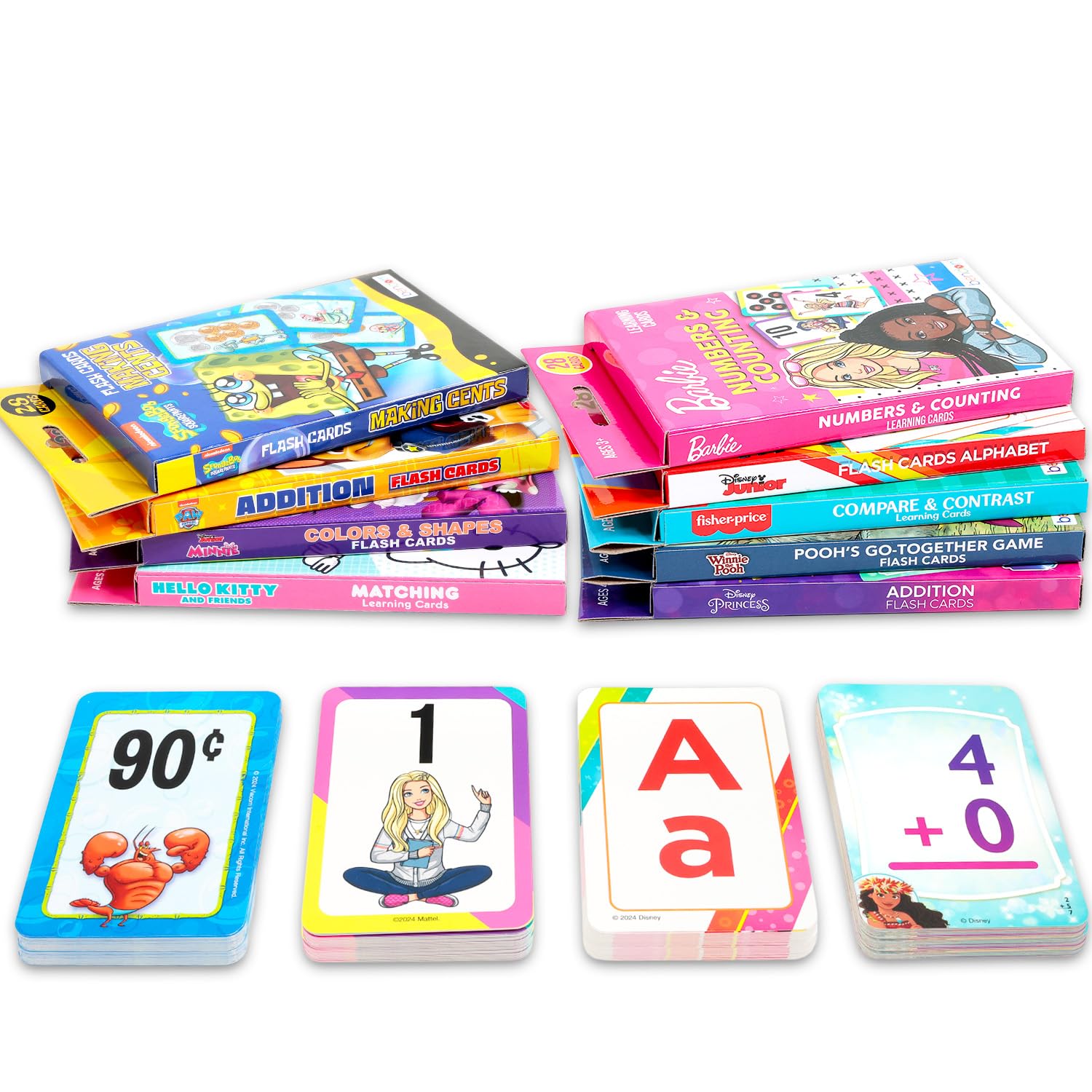 Cartes flash sous licence en vrac pour tout-petits – 9 paquets de cartes flash d'apprentissage avec Hello Kitty, Paw Patrol, Bob l'éponge, Disney Princess, plus | Apprentissage préscolaire à la