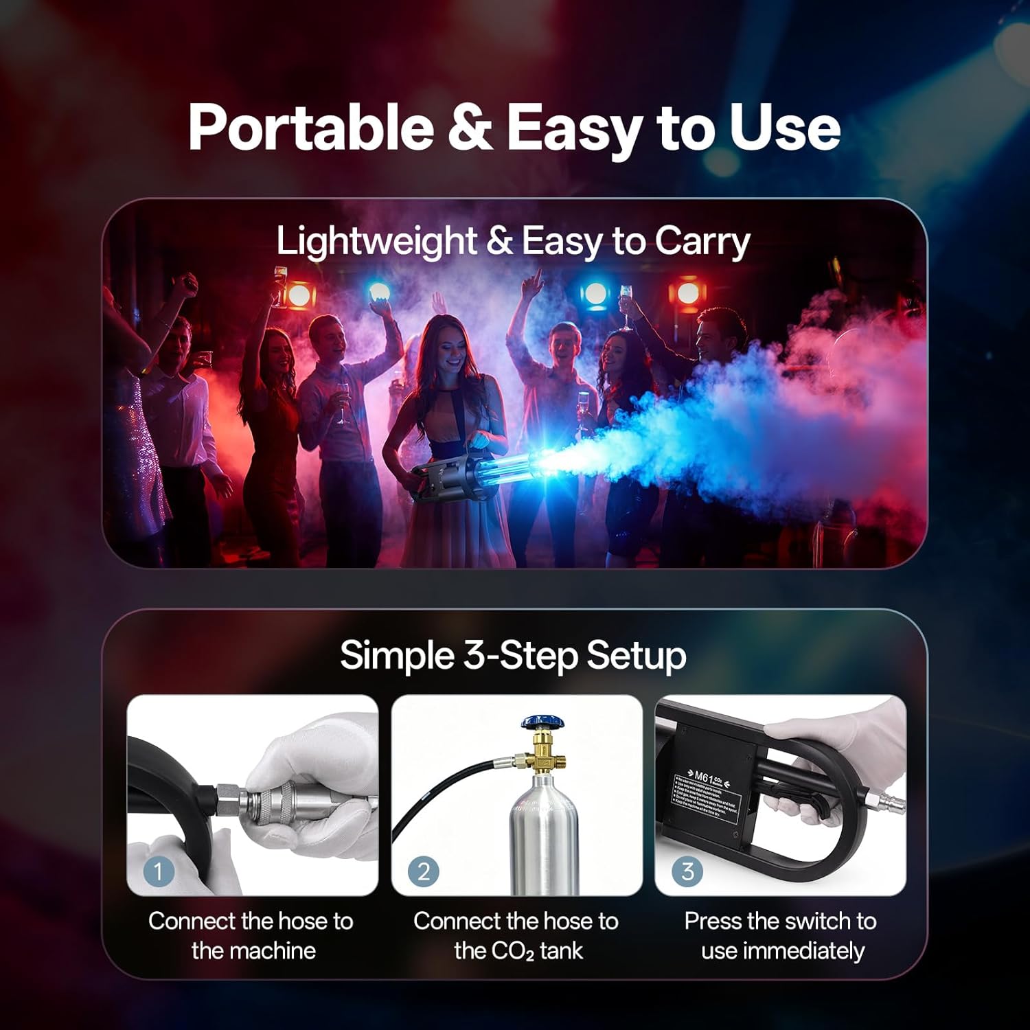 CO2 Cannon Fog Machine with LED Multi-Color Lights, Handheld Fogger Gatling Air Column Gun, CO2 Blaster Jet Machine Stage Effect Equipment for Events, Wedding, Party, Club (1Pack)