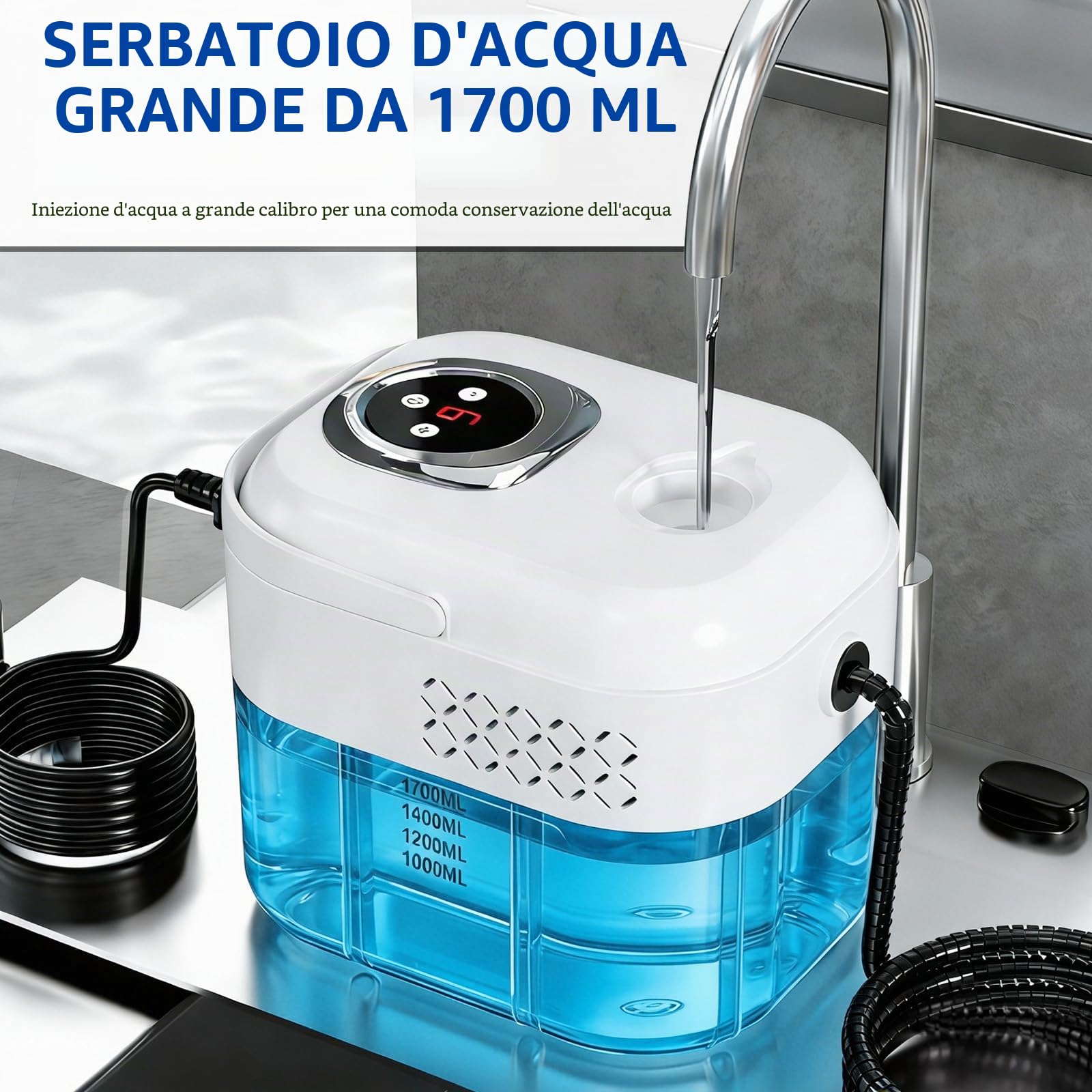 Pulitore a Vapore Portatile, 2500W Pulitore Vapore Casa, Maniglia Regolabile in 6 Livelli, Serbatoio Dell'acqua da 1700ml, Macchina per Pulizia a Vapore per Cucina, Piastrelle, Mobili