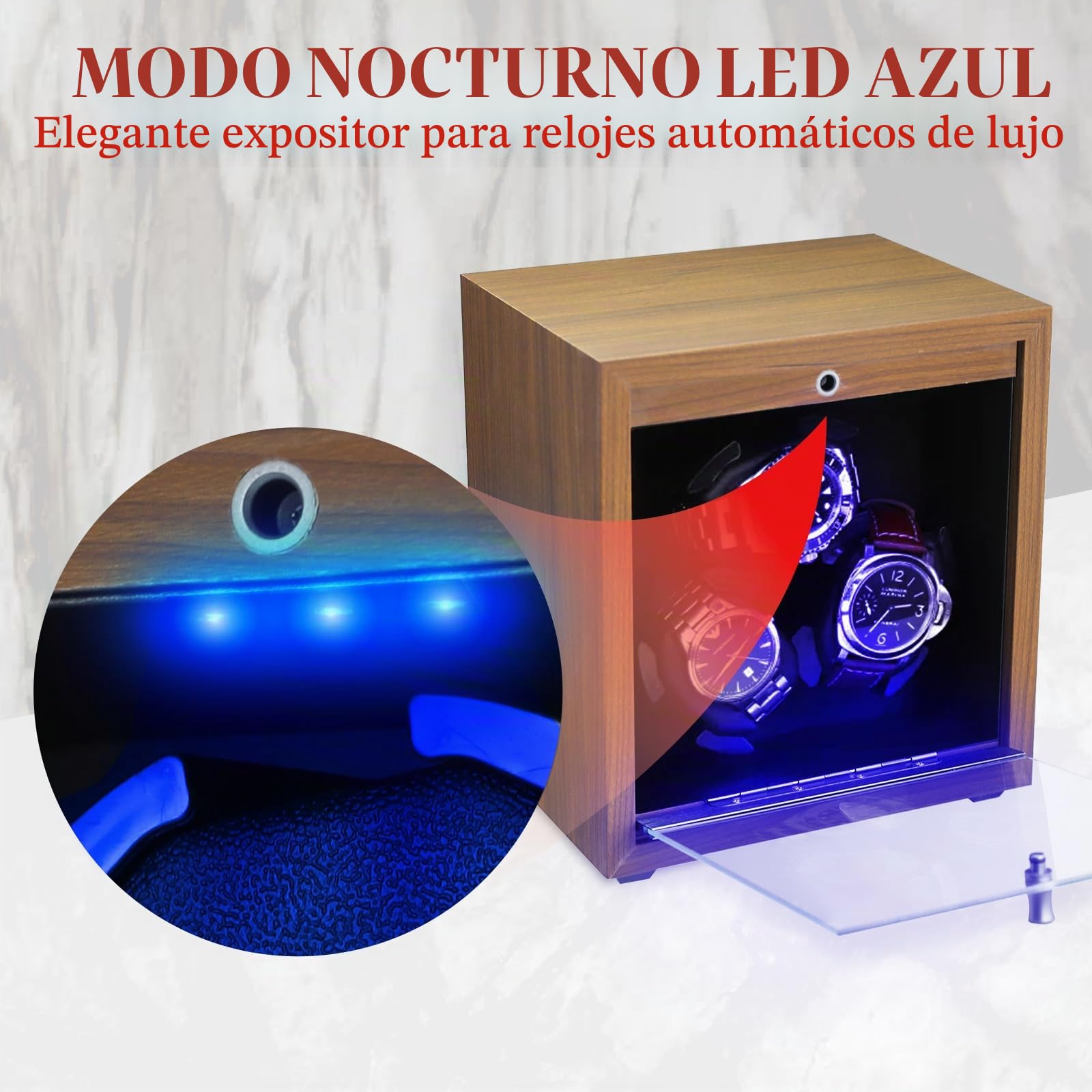 Caja Giratoria para Relojes Automáticos, Caja Giratoria con 3 Relojes Automáticos | 4 Modos de Rotación | Luz LED Azul | Almohadilla de Espuma | Vitrina de Madera, Función de Parada con Tapa Abierta