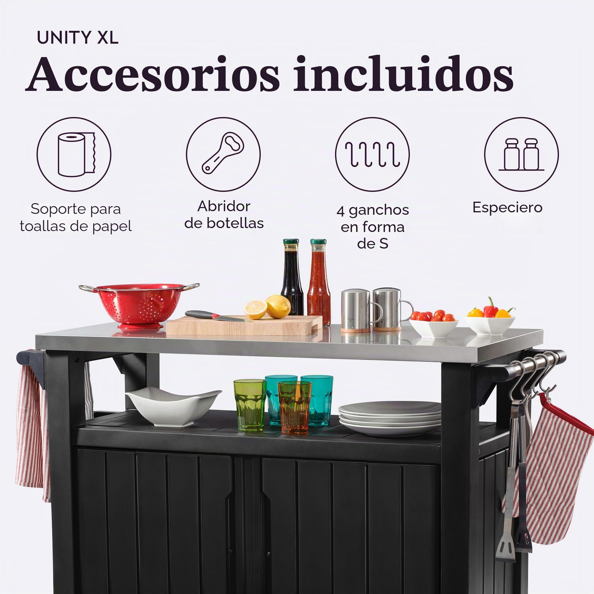 Keter Unity XL - Mesa portátil para Exteriores y Armario de Almacenamiento con Ganchos para Accesorios de Parrilla, Parte Superior de Acero Inoxidable para Patio, Cocina, Isla o Carrito de Bar, Gris