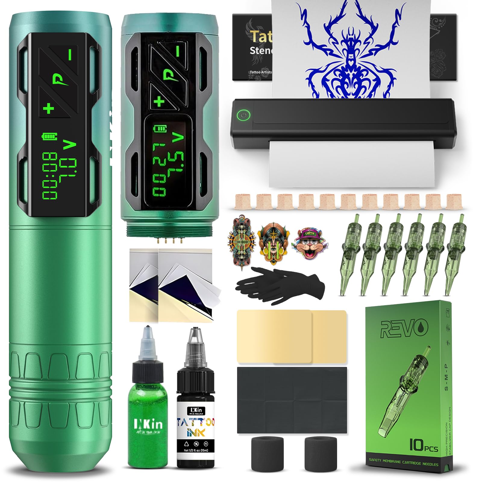 INKin Kit Tatuaje, Maquina Tatuar Inalambrica con 2pcs 1800 mAh Batería y Motor Sin Escobillas, Maquina de Tatuar Kit Completo con Impresora Bluetooth, Tinta Tatuaje, Agujas Tatuaje para Tatuadores