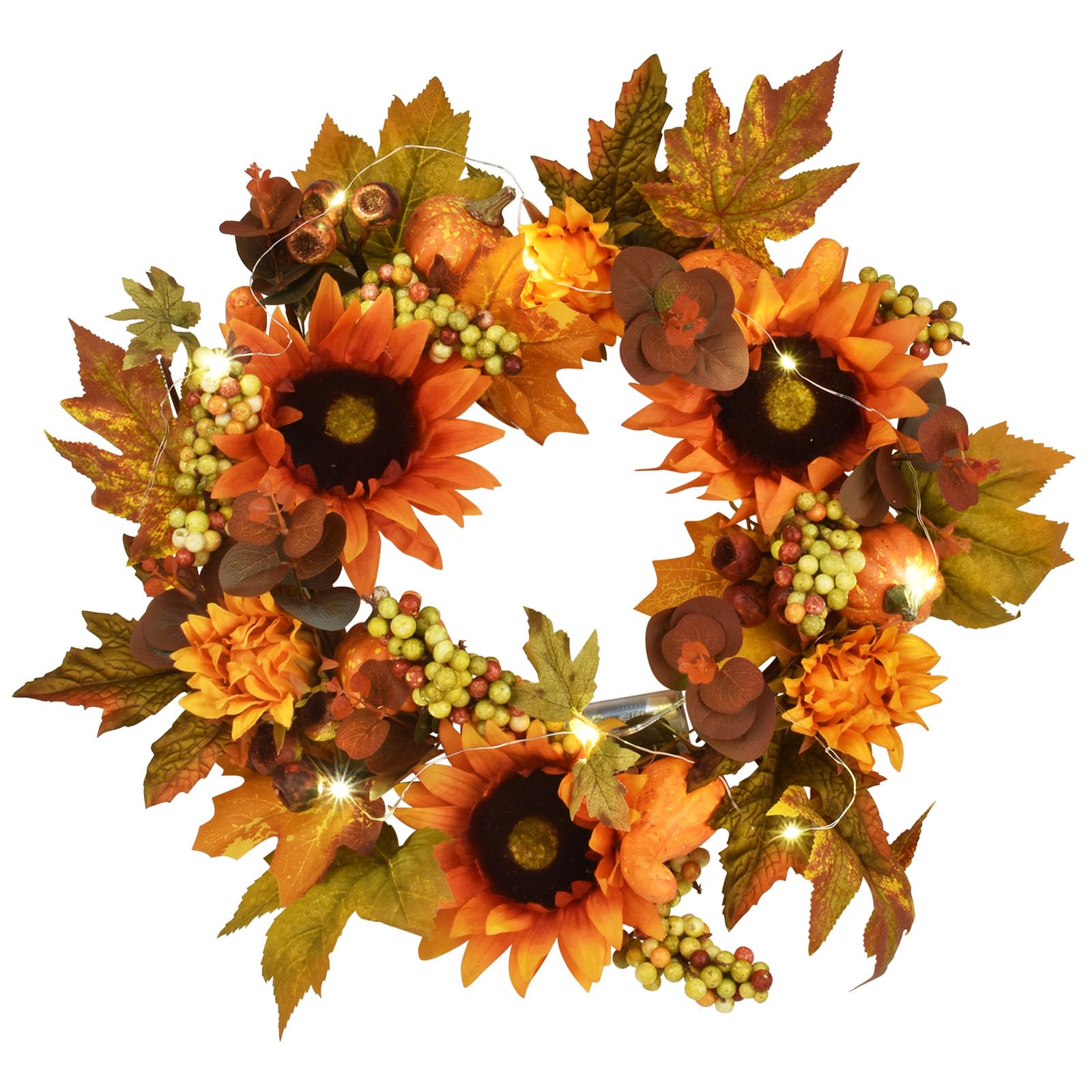 Photo 1 of 22" Sunflower Wreath, Pumpkin Wreath with Berry, Fruit Kernels, Pickles, Led Light, Ribbon (Wreath)