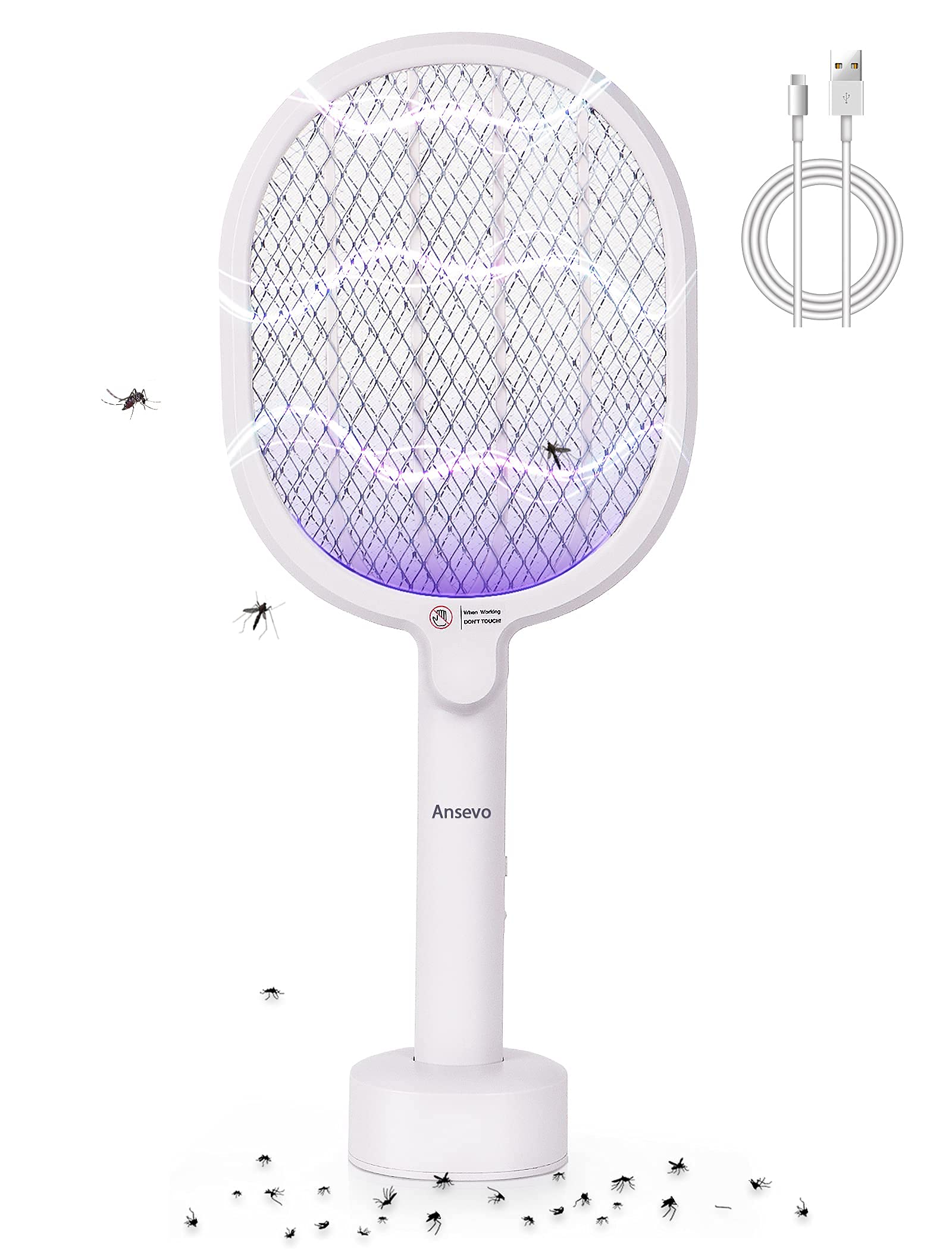 Electric Fly Swatter Racket USB Rechargeable, Fly Killer Electronic Mosquito Swatter Bug Zapper Racket for Home Indoor & Outdoor,By Ansevo(White)