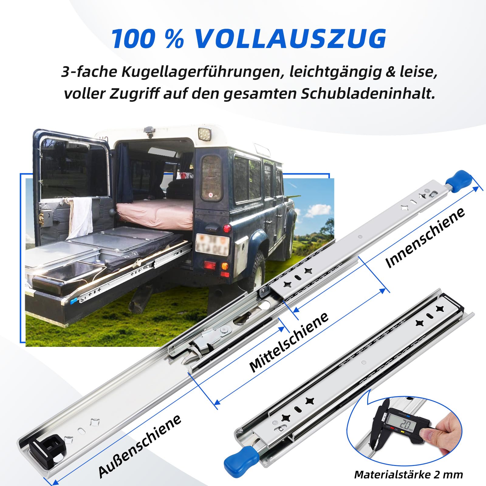 Schwerlastauszug mit Verriegelung Schubladenschienen 53 mm Vollauszug Kugellagerung 93-120 kg Tragkraft 450 mm