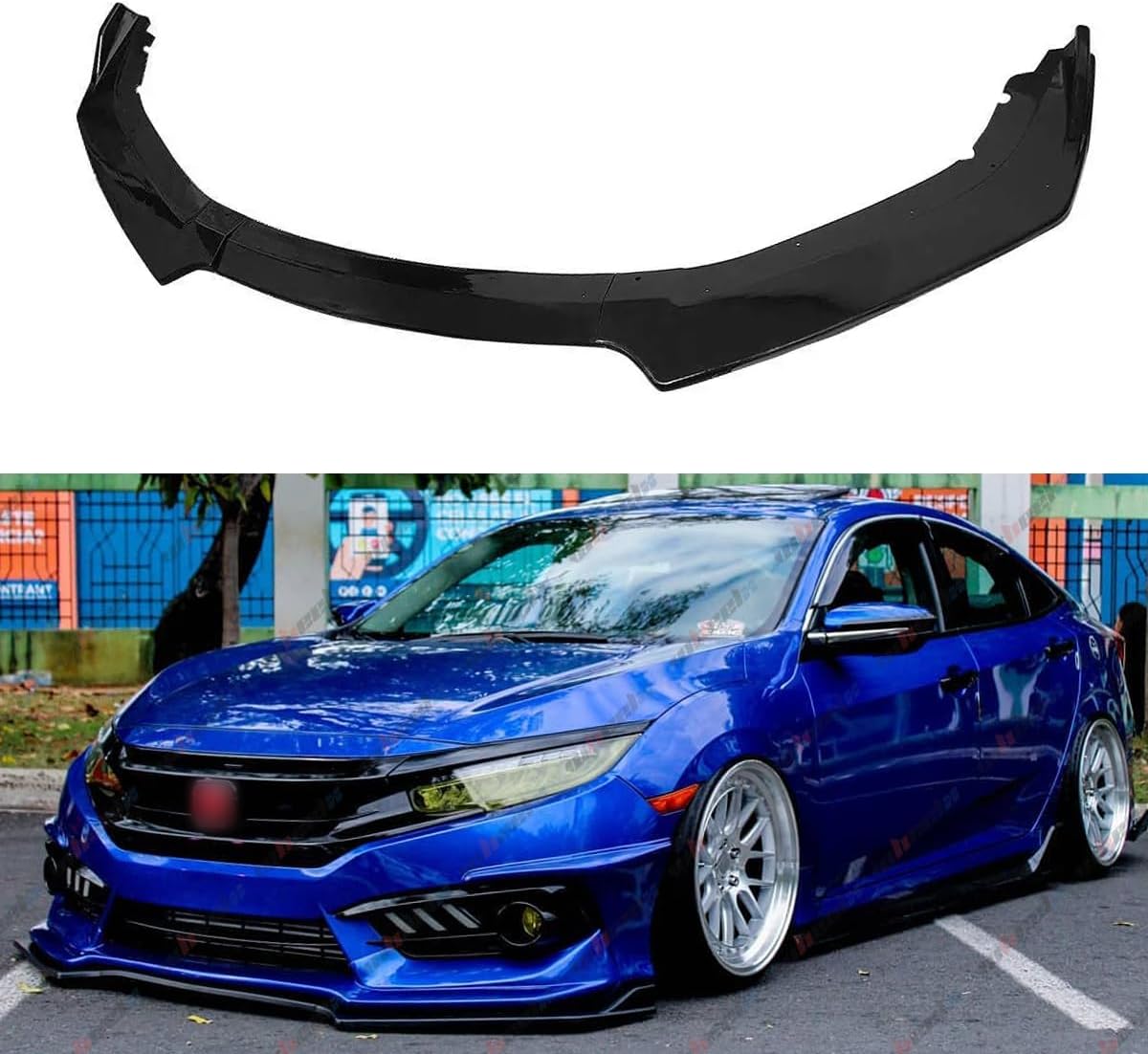 3Pcs Front Bumper Lip Compatible with 2016-2020 Honda Civic, JDM Fins Style Air Dam Lower Chin Splitter 4 Door Sedan Hatchback Protection Body Kit 2016 2017 2018 2019 2020 (Glossy Black)