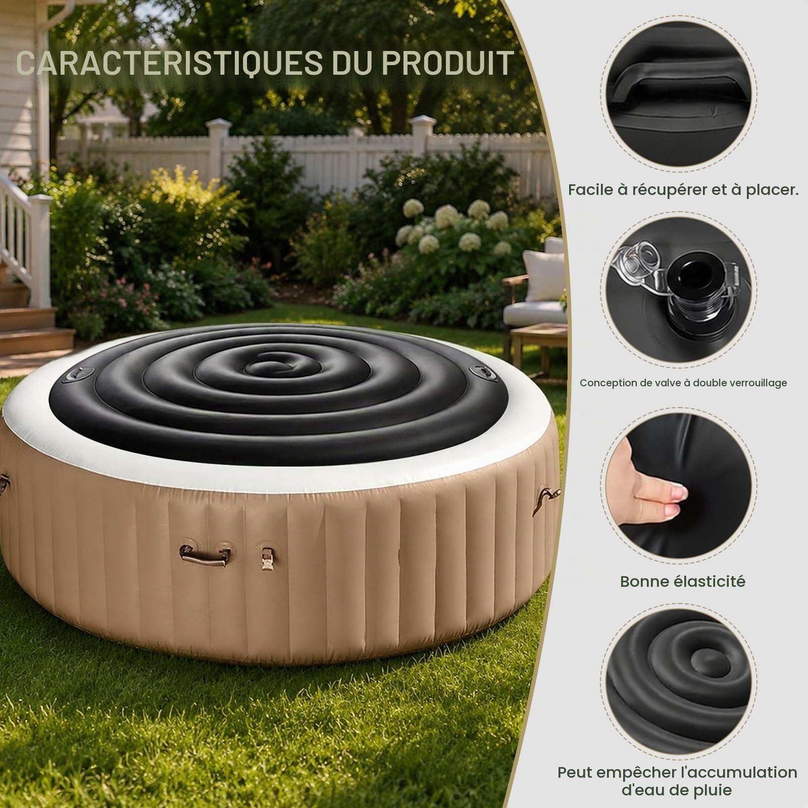 Couverture Thermique pour Bains à remous Ronde et Gonflable avec poignées, Couvercle de Spa Gonflable, Couvercle de Bain à Remous de qualité supérieure et économe en énergie (Noir, 165CM)