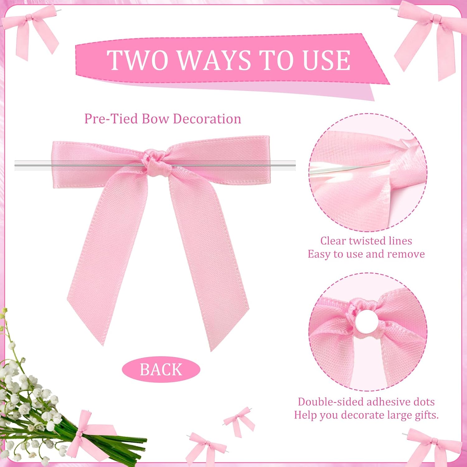 100 Pieces Pink Twist Tie Bows for Gift Wrapping, 2.5 inches Premade Satin Ribbon Bows for Treat Bags, White Bow for Package Crafts Birthday Wedding Party Favors Decoration - Image 3