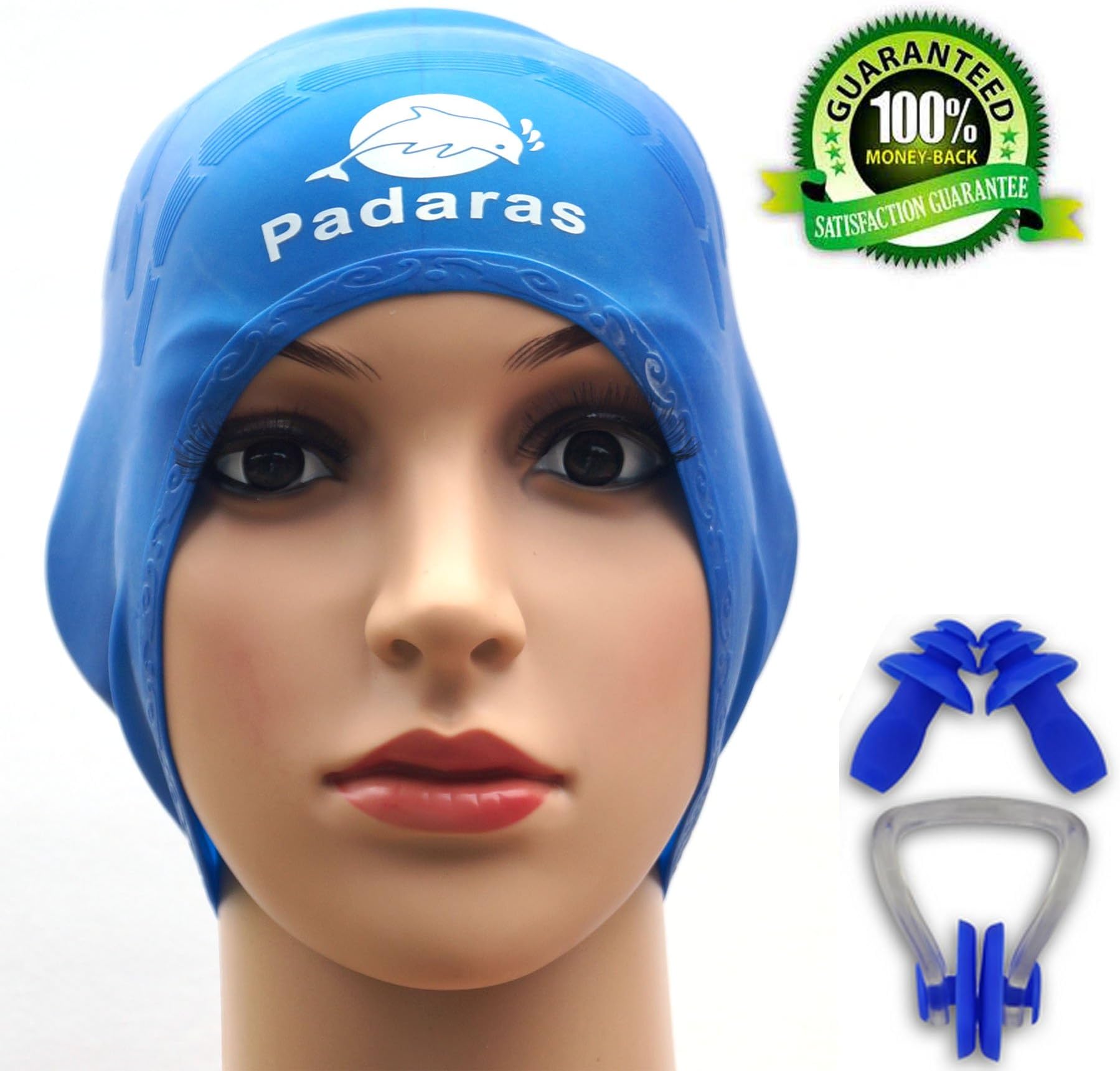 Padaras Premium Silicone Unisex Long Hair Ear Guard Swim Cap +Premium Earplug +Premium Nose Clip Limited Time Offer (Fluorescent Blue)