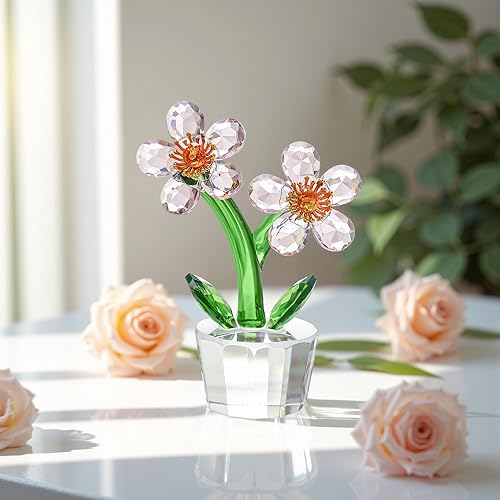 Miniatura 9 de Figura de flor de melocotón de cristal rosa, elegante adorno de flores de mesa, coleccionable, decoración del hogar, centro de mesa para mamá