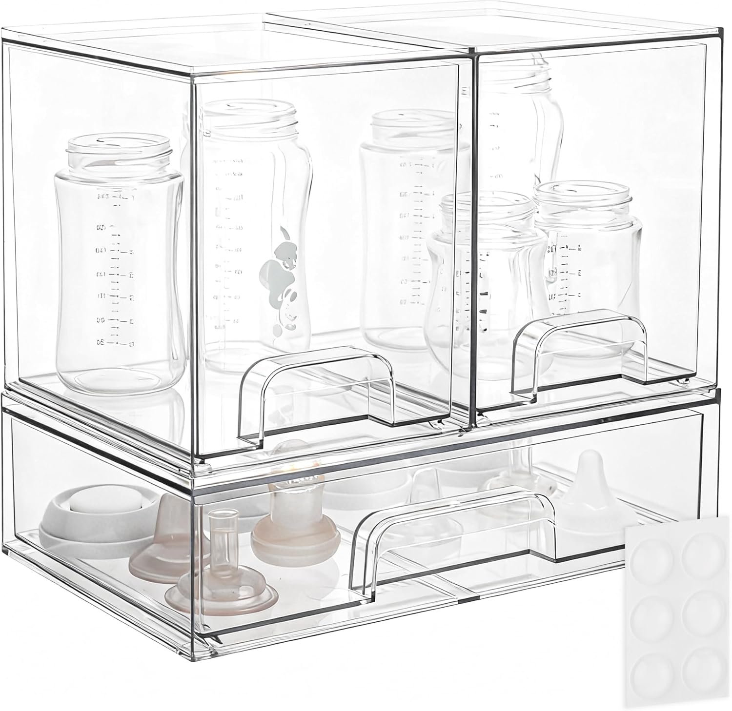 Baby Bottle Storage Organizer - Acrylic Storage Containers, Clear Stackable Drawer Baby Bottle Station Organizer for Countertop Cabinet, BPA-Free, Lead-Free (1 Wide+2 High, Clear)