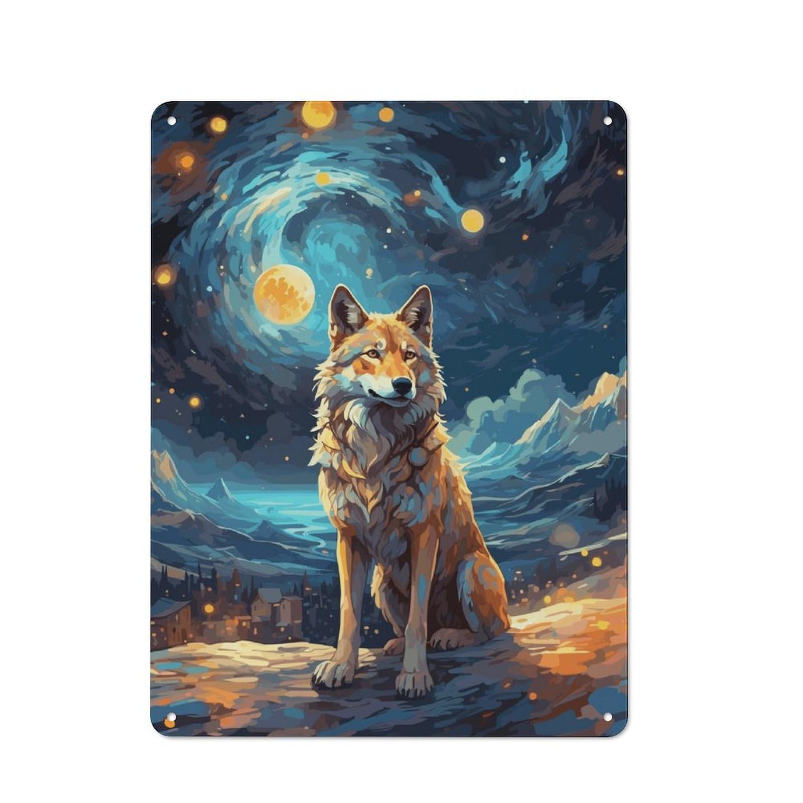 Junmoney Wolf Starry Night Retro Metal Plaque 40X30cm For Lounge Or Reading Corner, Winter Wall Decor For Reading Corner Decorators
