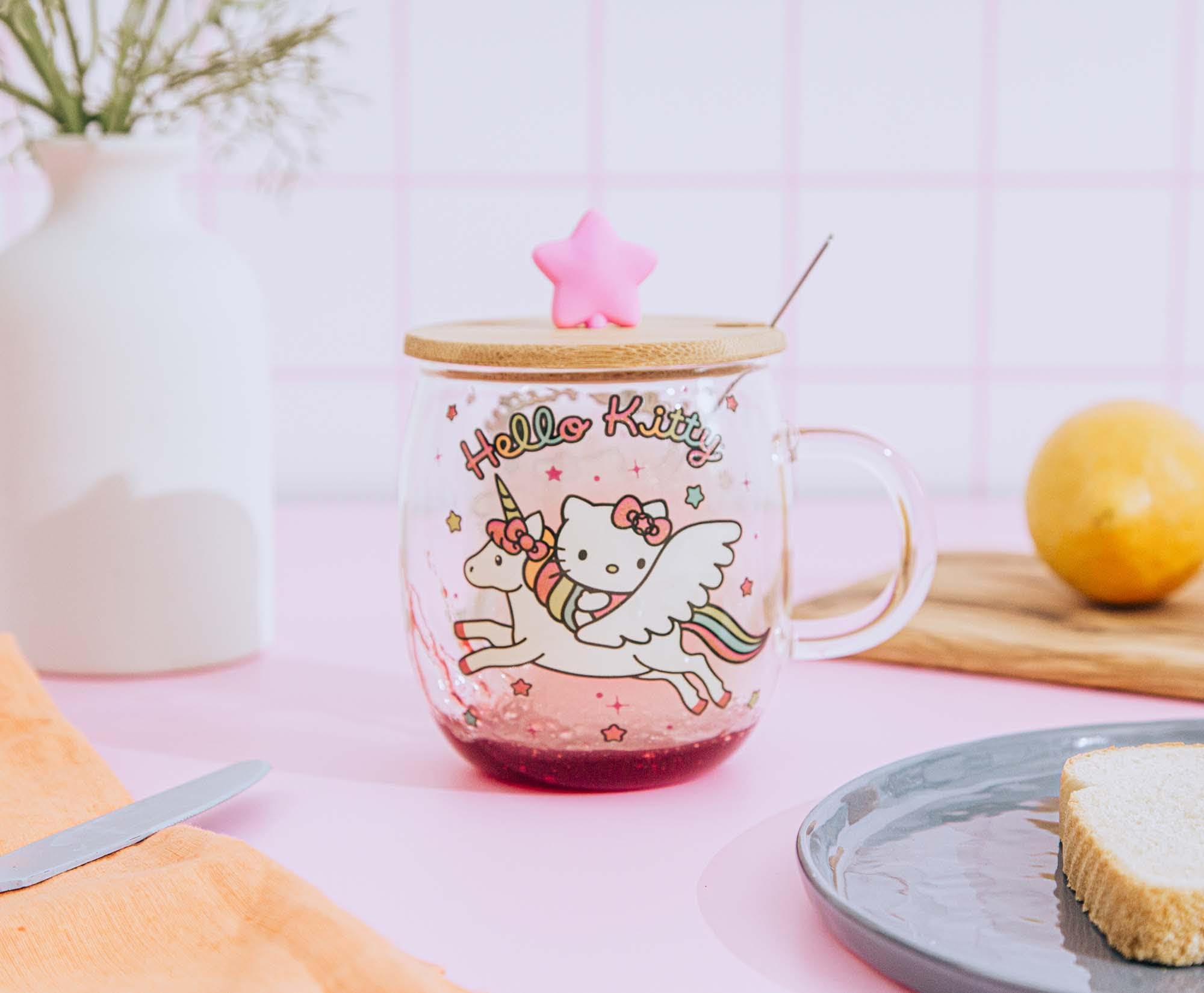 Hello Kitty Sanrio Tazza in vetro con manico glitterato | Tazza da caffè per espresso, tè al latte Boba | Contiene 400 ml
