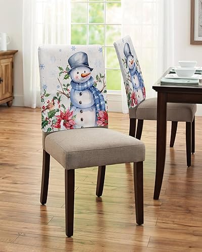 Miniatura 4 de Paquete de 4 fundas de respaldo de silla de Navidad con muñeco de nieve azul para sillas de comedor, fundas extraíbles lavables para silla de