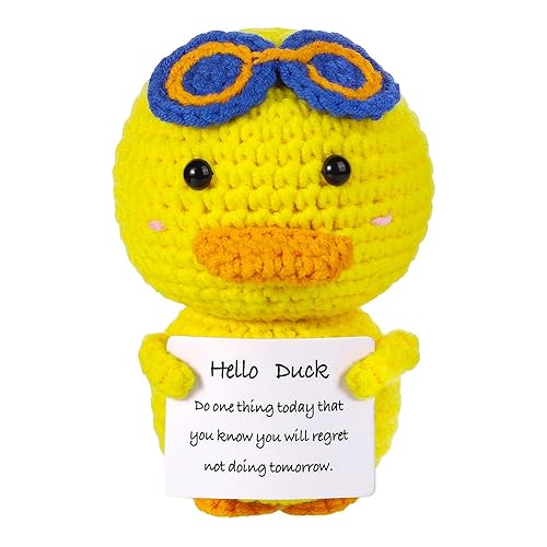 Hshenjhu Anatra Gialla Positivo, 9,5 x 5cm Anatra Gialla di Supporto Emotivo, Mini Bambola Lavorata a Maglia con Carta Positiva, per Festa di Compleanno Regalo, Familiari Amici Regali