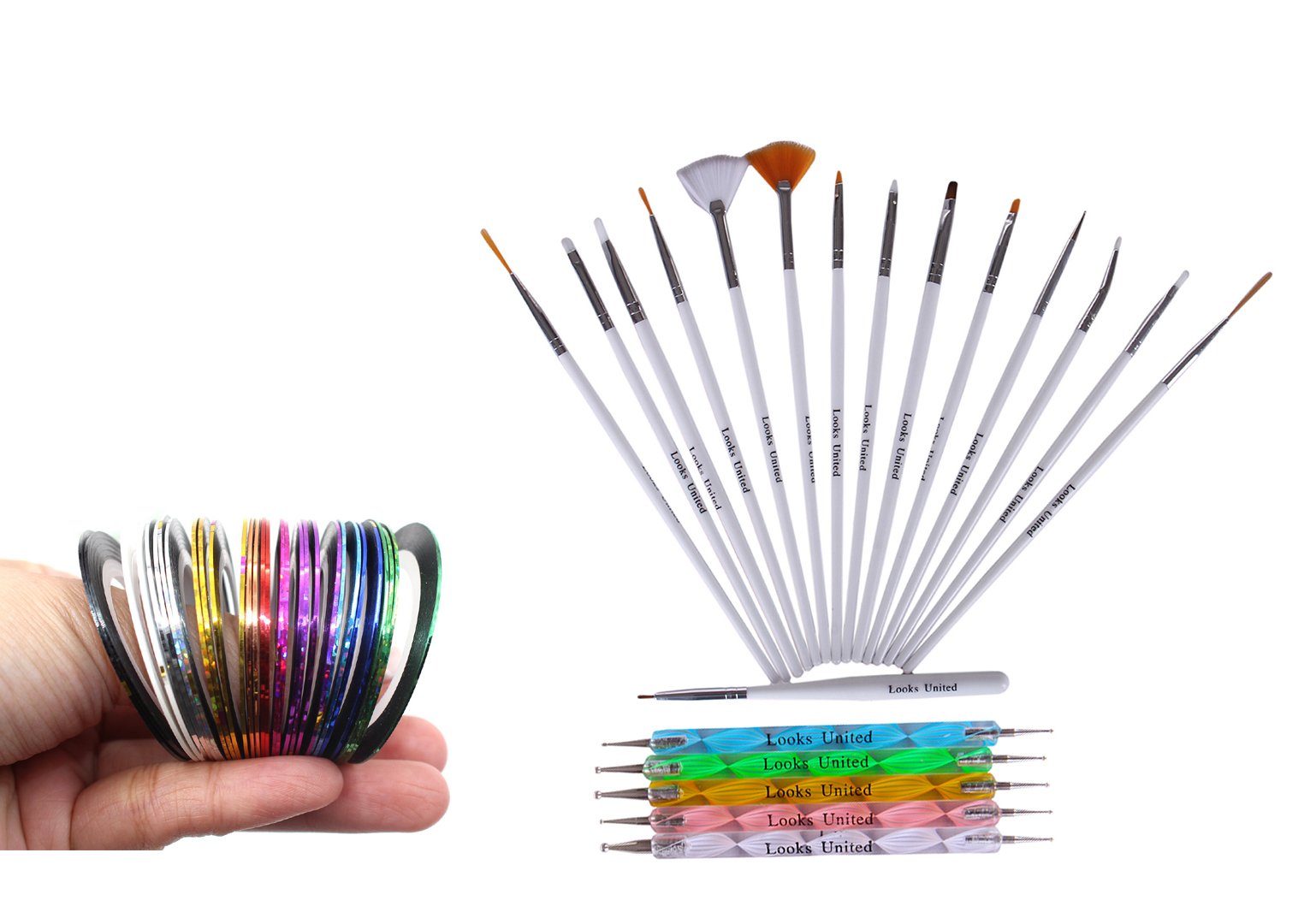 15 Nail Art Brush, 5 Two Way Dotting Tool, 11 Nail Art Striping Tape Rolls (Pack of 31)