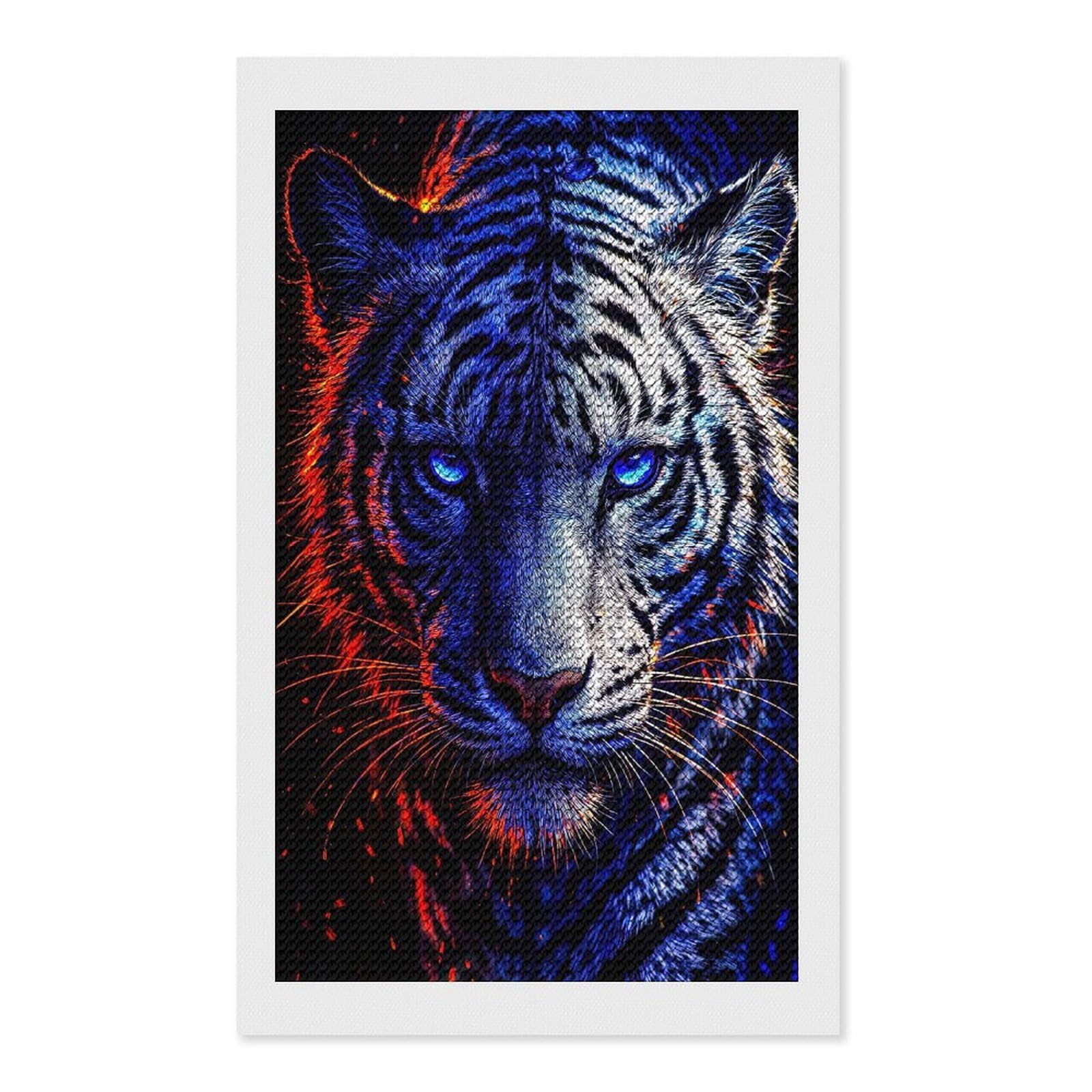 Junmoney Fiery Blue Tiger Portrait Diamond Art Kit 12"x20", Relaxing DIY Hobby, Satisfying Creative Project, Living Room Decor, for Women