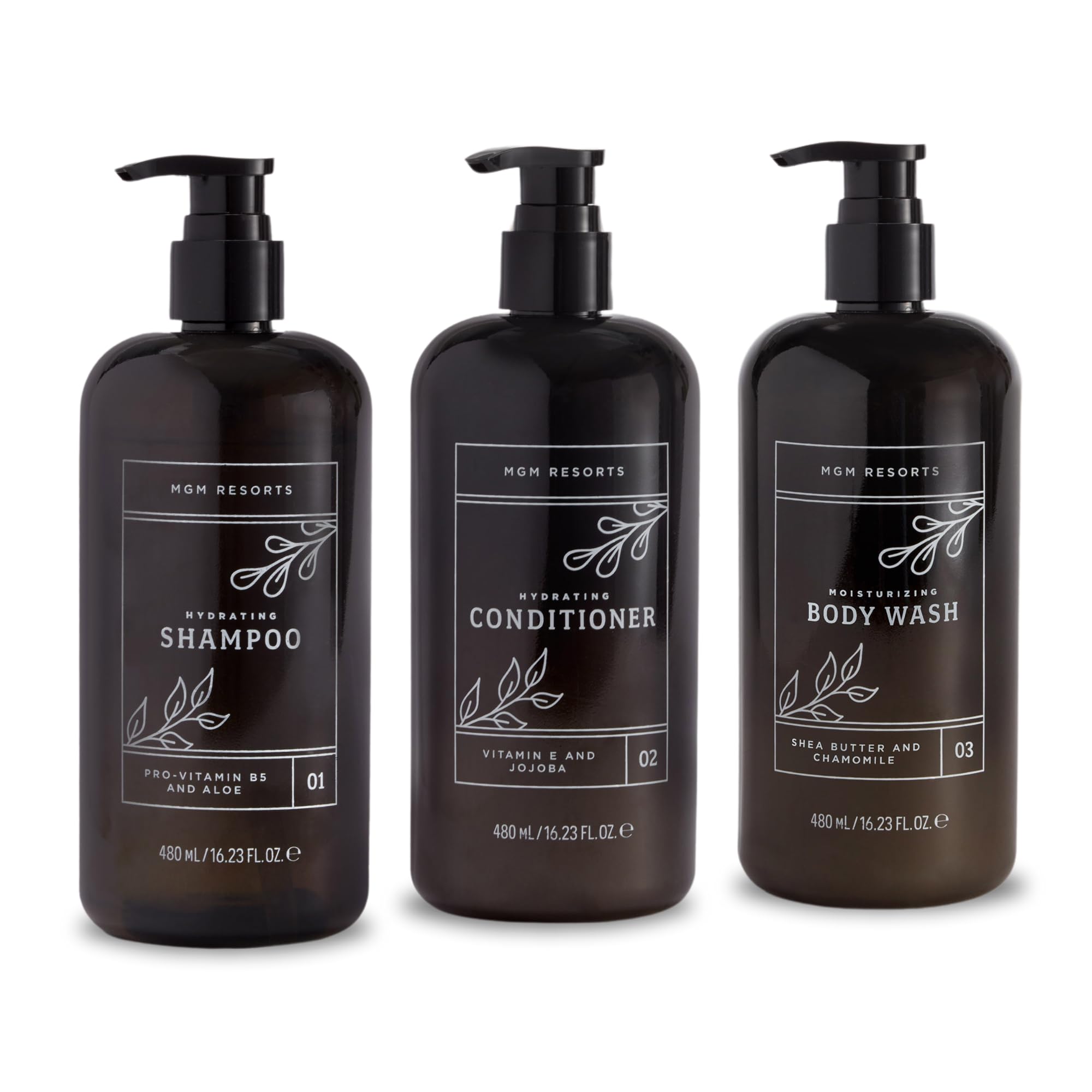 MGM Resorts Shower Set - Hydrating Shampoo, Conditioner, & Body Wash - Pro-Vitamin B5 & Aloe - Scent of Fig, Cranberry & Bergamot - Hotel Shower