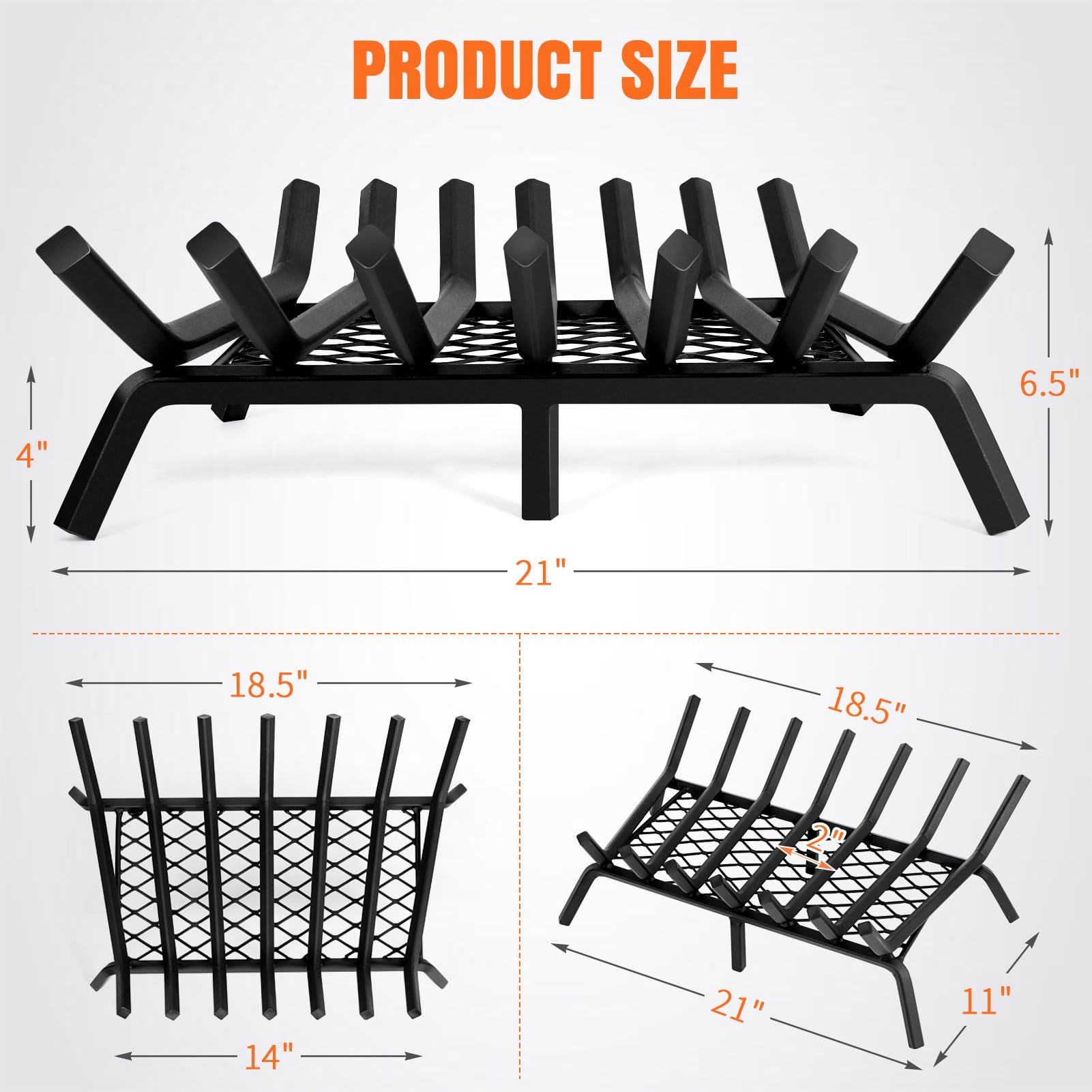 INNO STAGE Griglie per caminetto con fermo per brace, 53 cm, in acciaio massiccio resistente, 7 barre, griglia antincendio, all'interno in ghisa battuta, stufa a legna per interni ed esterni