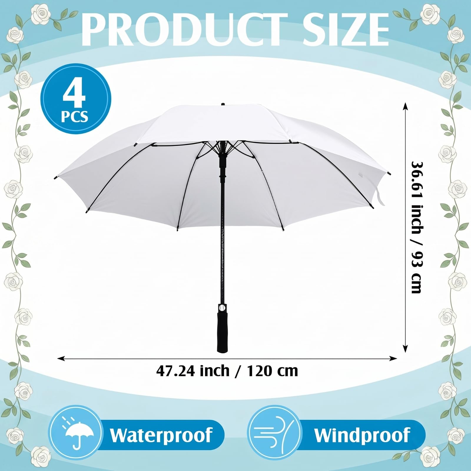 Weewooday 4 Pack Large White Umbrella Wedding/Golf Umbrella Windproof and rainproof Automatic Umbrella Bride bridegroom Party Fashion Photographer Parasol Umbrella