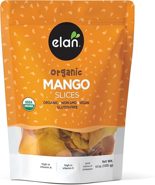 Elan Organic Dried Mango Slices, 125g, Sulphite-free, No Sugar Added, Non-GMO, Vegan, Gluten-Free, Kosher, Healthy Dried Fruit Snacks
