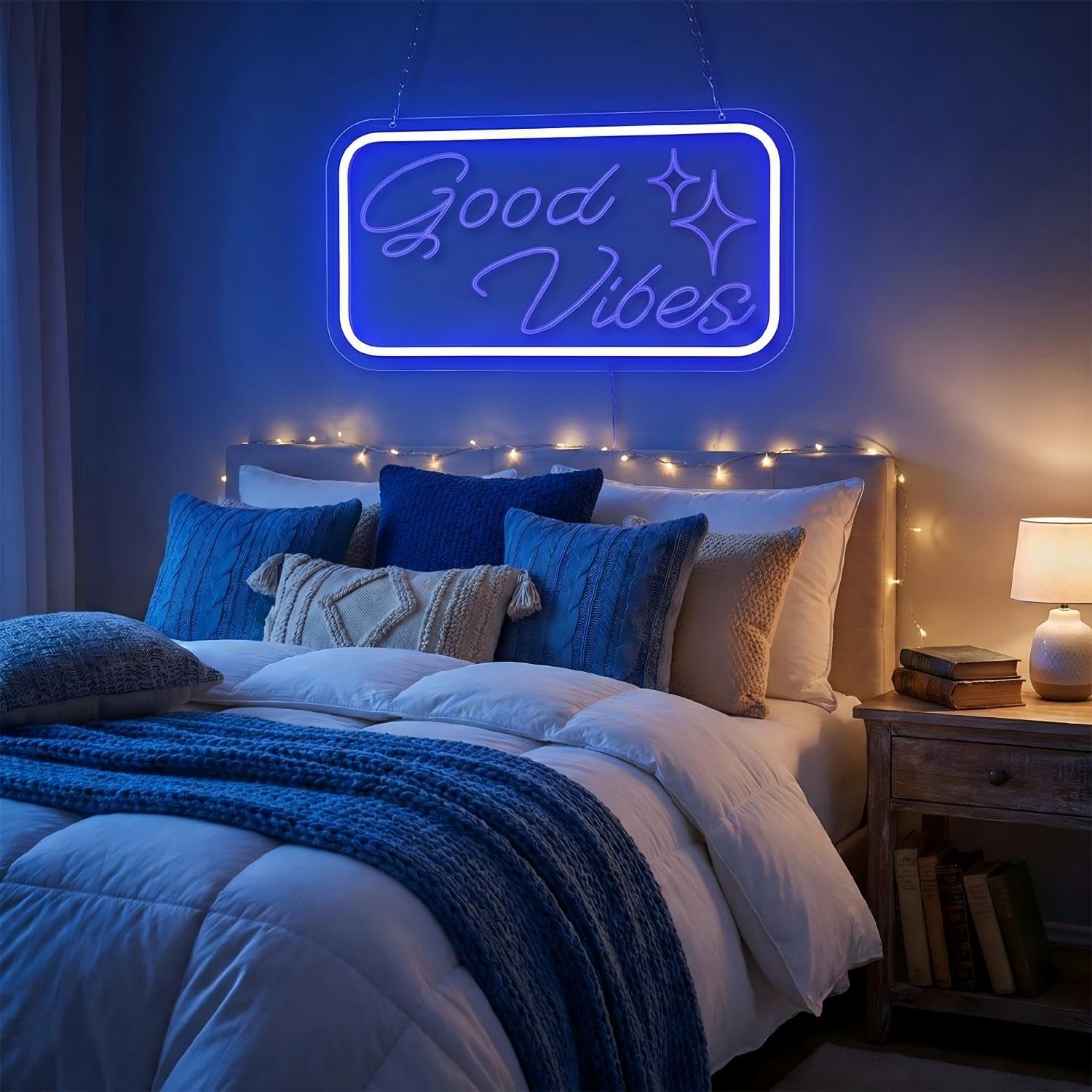 Good Vibes Neon Sign Ice Blue – 16x8.7in 3D Carving LED Neon Light with 10-Level Dimming, USB/Battery Powered Light Up Wall Sign for Bedroom, Game Room & Living Room Wall Decor