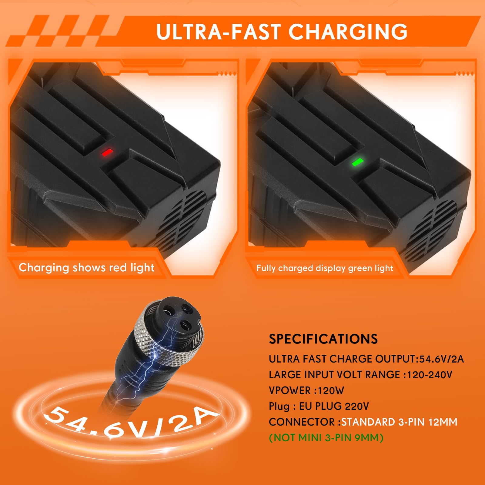 Cargador Patinete Eléctrico 54,6V 2A para Hitway H5/H5 Pro, UrbanGlide E-Cross Pro, 48V Litio para Kugoo M4/M4 Pro, Smartgyro Speedway
