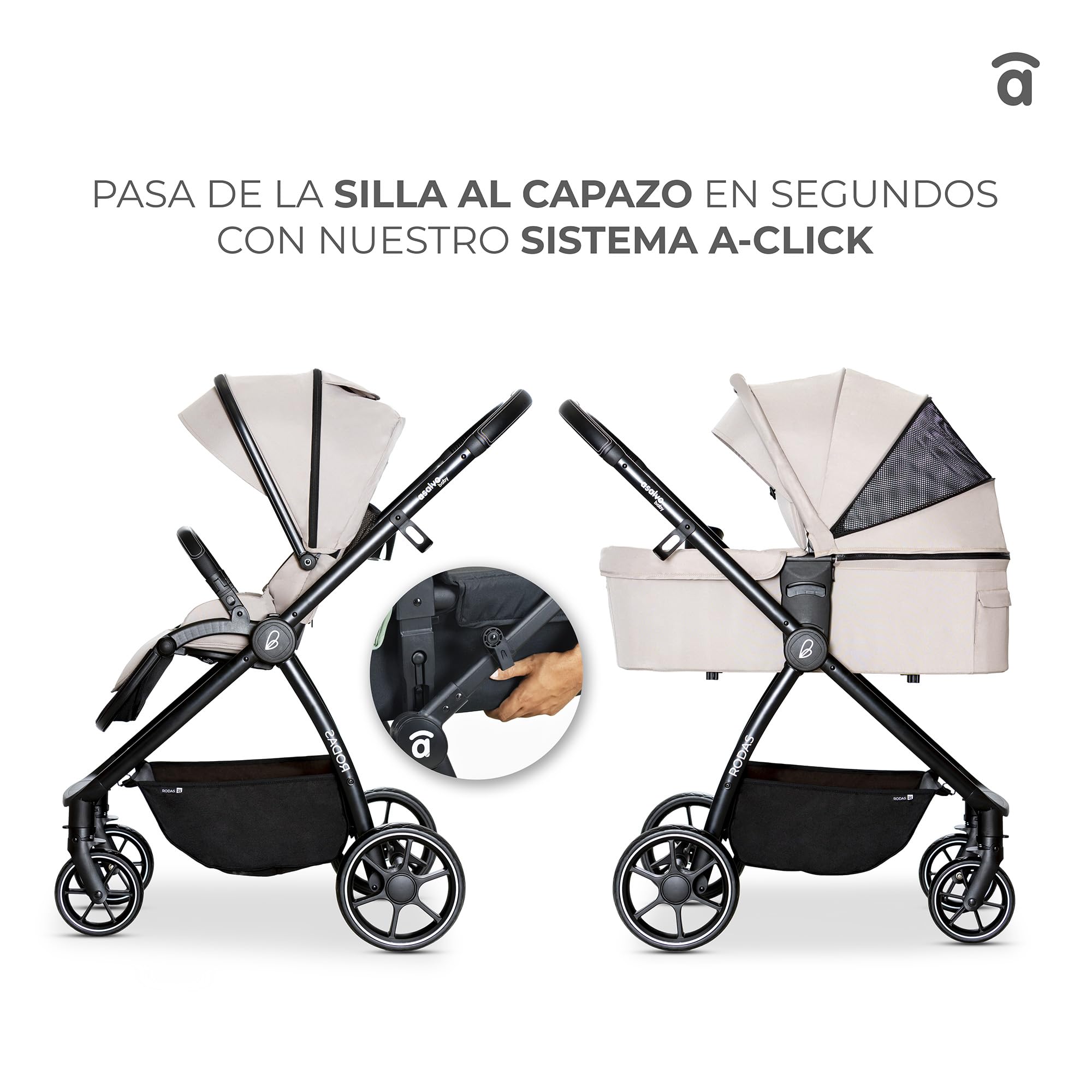 Asalvo RODAS Trío Convertible, 3 en 1, Silla de Paseo, Carrito de bebé, Silla de Auto, Confortable, Segura, Capota extensible, Suspensión en las Ruedas, Freno trasero, Carga Máxima 23 kg, Beige