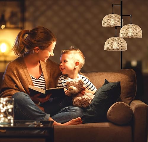 Miniatura 8 de QIYIZM Lámpara de pie para sala de estar, dormitorio, 3 luces, lámparas de pie de ratán bohemio, lámpara de pie negra industrial de granja, lámpara