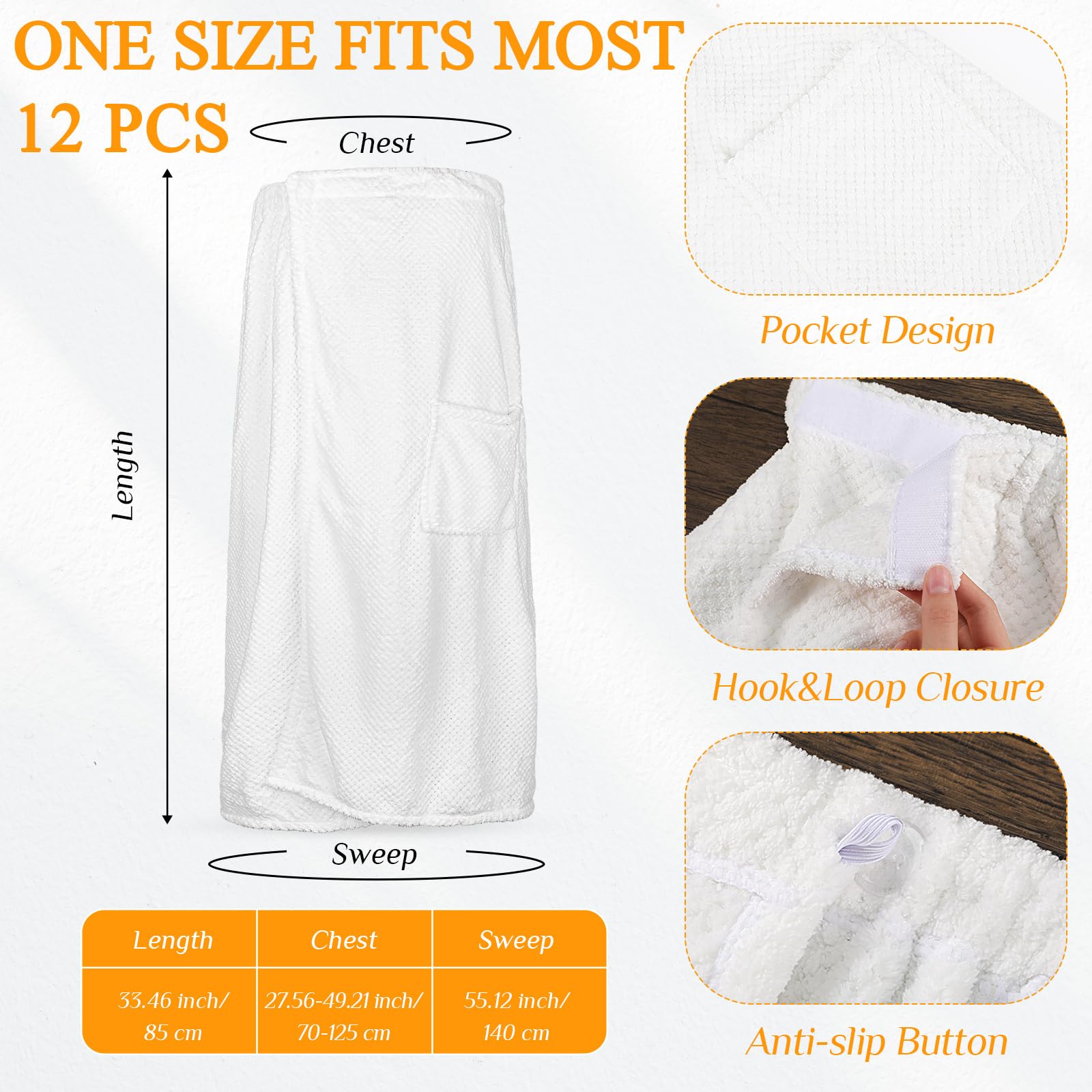 12 piezas de bata de spa para mujer, toallas de spa con bolsillo ajustable, toallas ligeras para baño y ducha, Blanco 2