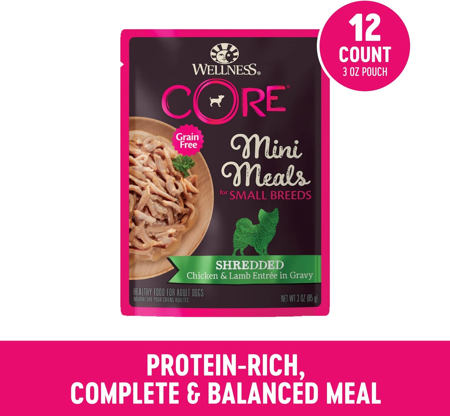 Wellness CORE Small Breed Mini Meals Shredded in Gravy Adult Wet Dog Food, Grain Free, Natural, Chicken and Lamb Entrée Recipe, 3 oz, Pack of 12 Pouches