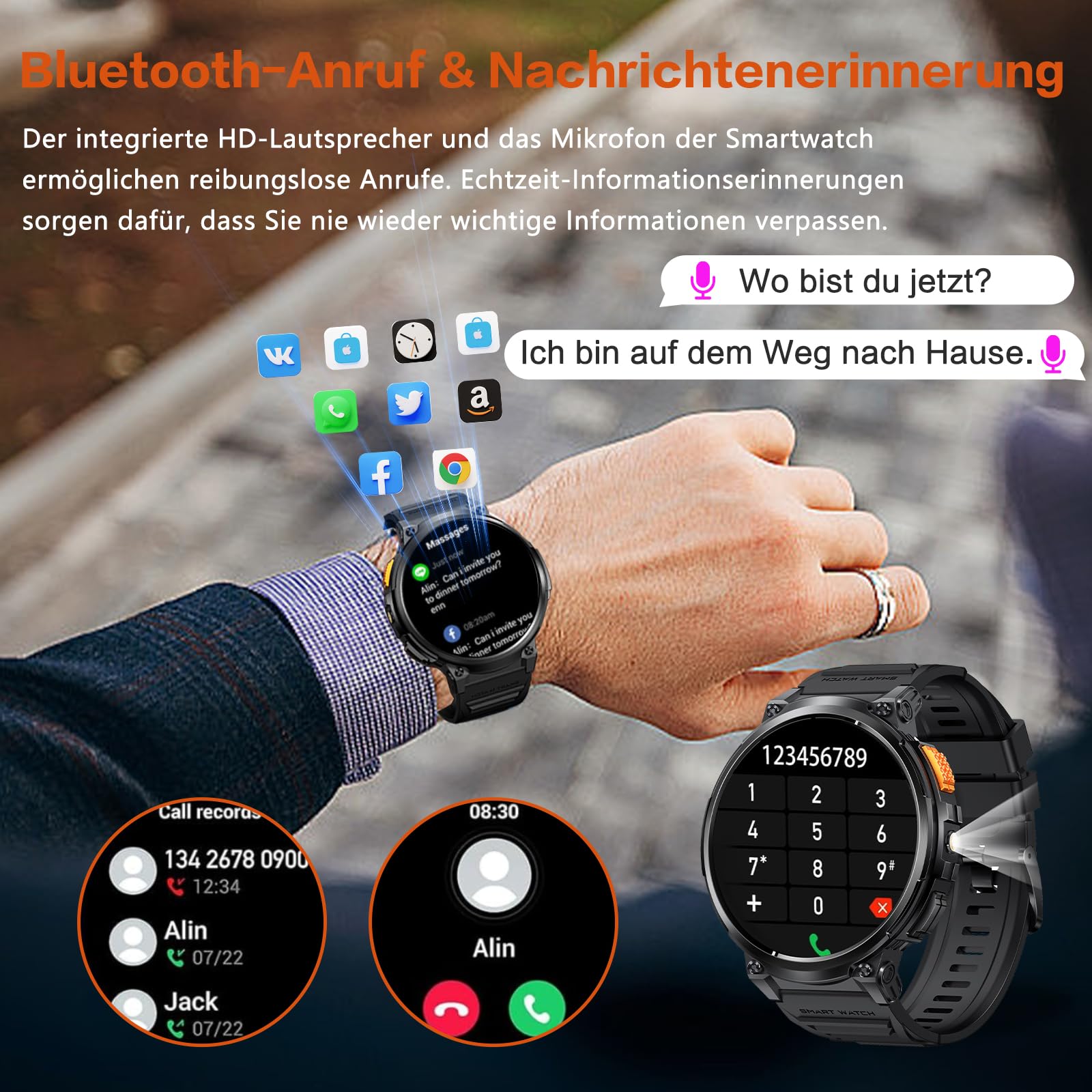 Smartwatch Militare Uomo, Chiamata Bluetooth, 1,85 Pollici HD Rugged Silicone Nero Smart watch Impermeabile, Durata 40 Giorni, 120+ Modalità Sportiva, 24H Monitoraggio Cardiofrequenzimetro/SpO2/Sonno